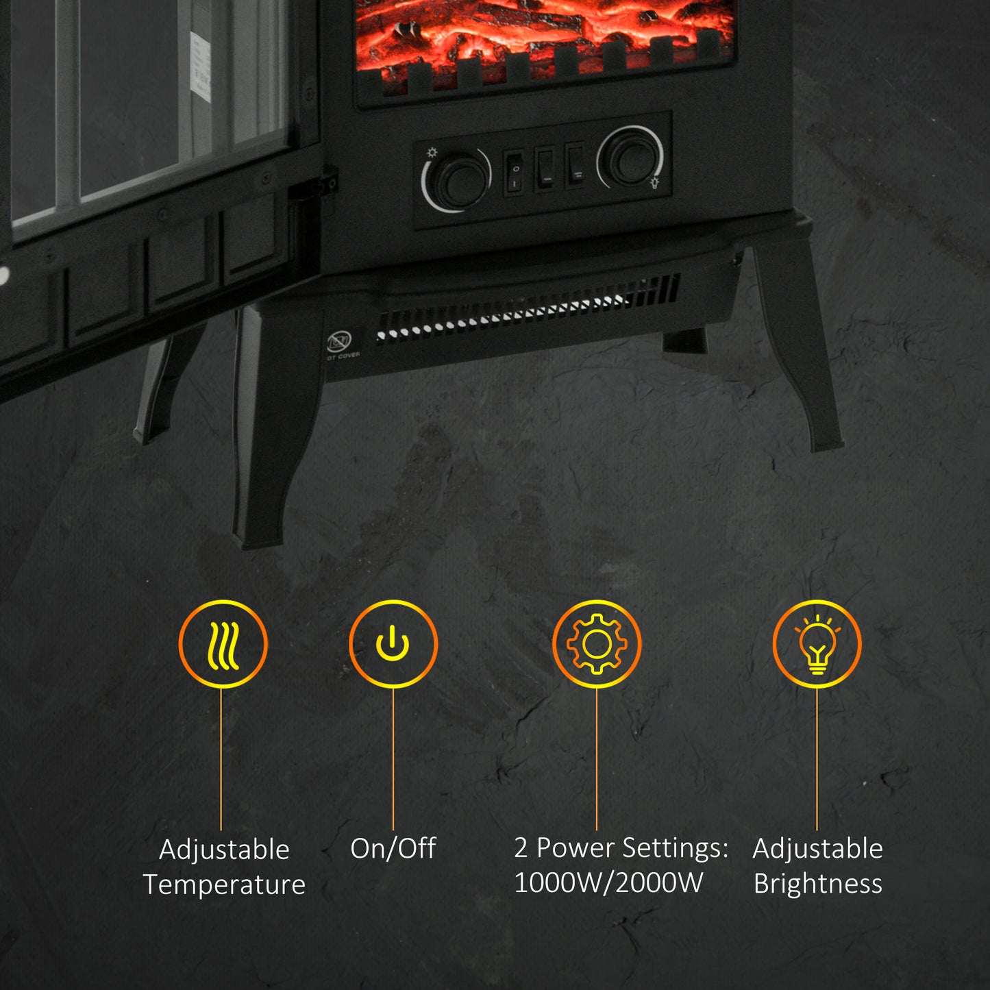 HOMCOM Stylish Black Electric Fireplace Heater with Independent Flame Effect, 1000W/2000W - ALL4U RETAILER LTD