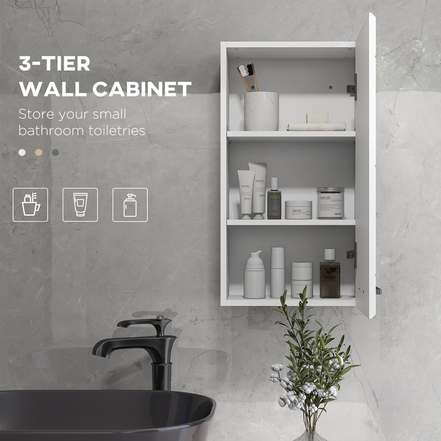 Kleankin High Gloss Bathroom Wall Cabinet Storage With Soft Close Door 3 Shelves Adjustable White