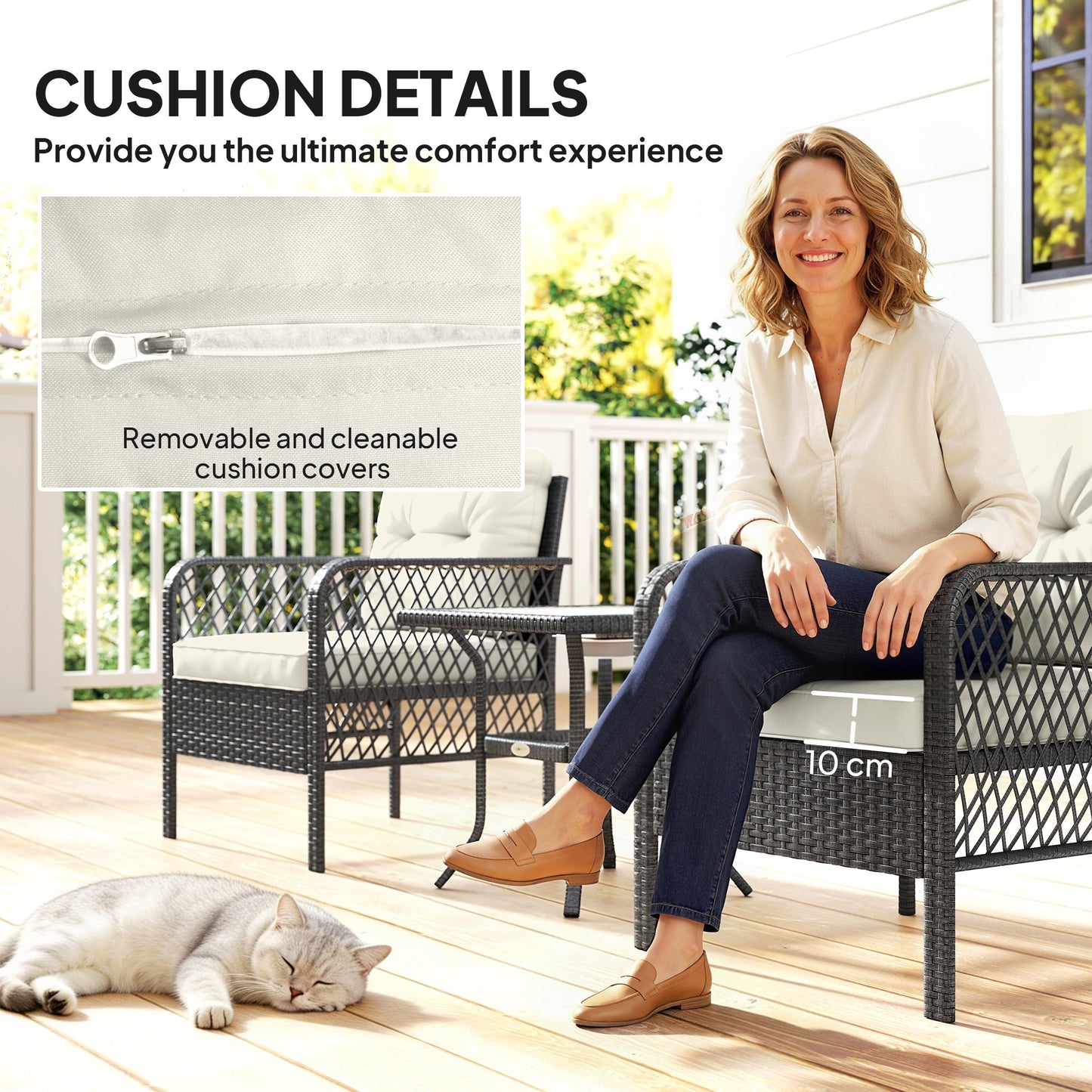 Outsunny 3 Piece Rattan Bistro Set With Glass Top Coffee Table And Cushioned Chairs For Outdoor Patio Balcony Cream