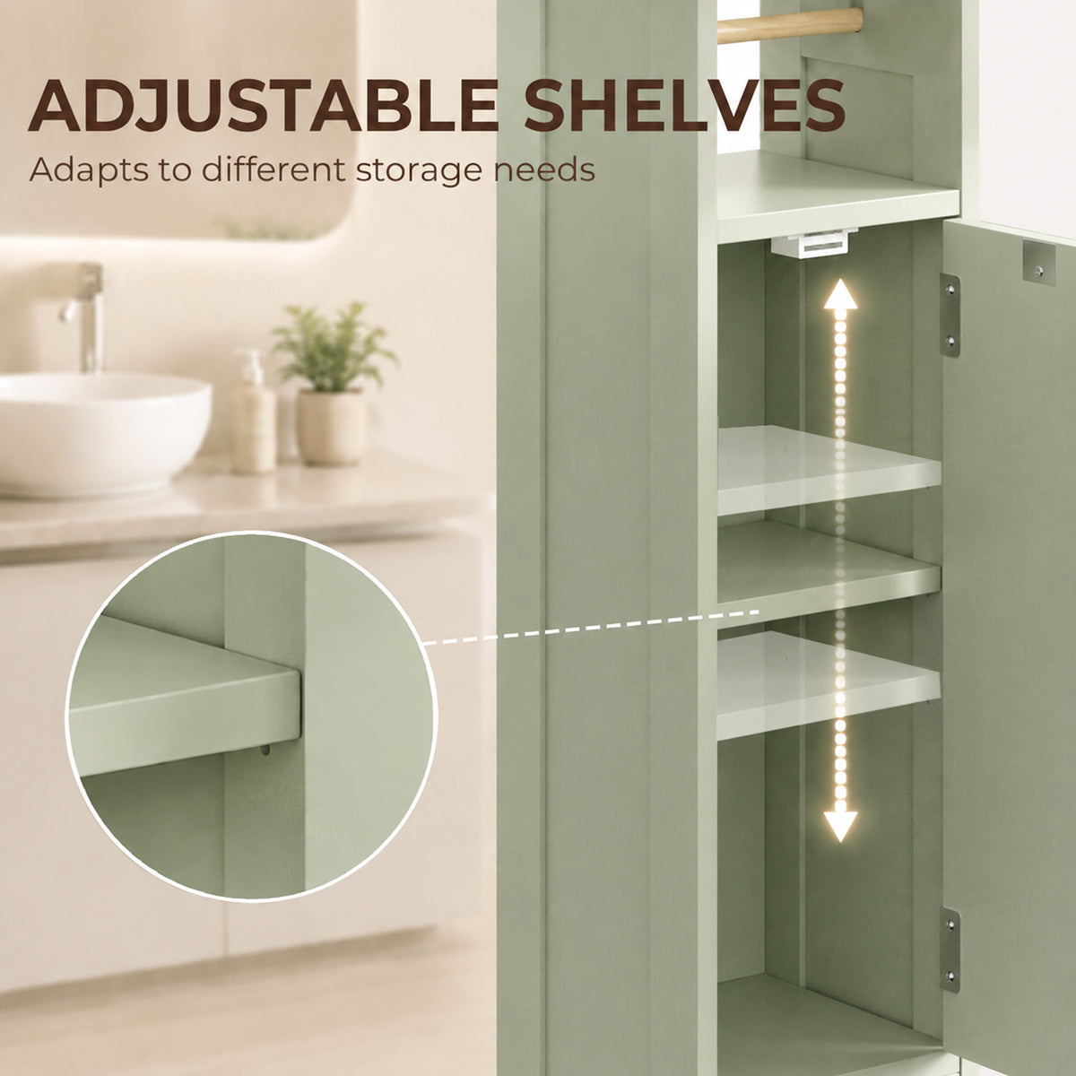 Light green bathroom storage cabinet interior with multiple adjustable shelves
