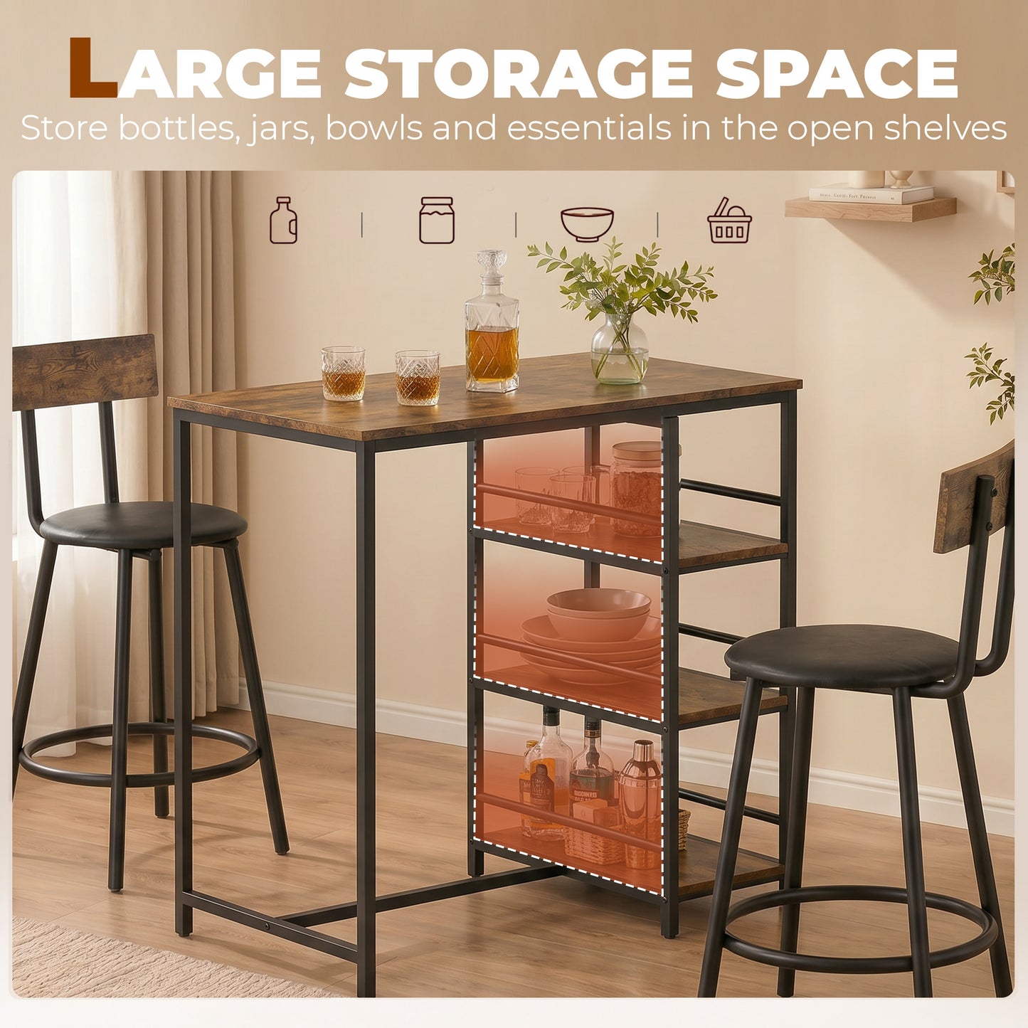 HOMCOM Space Saving Bar Table and PU Leather Stools 3 Piece Breakfast Bar Set for 2 with Storage Shelves Rustic Brown