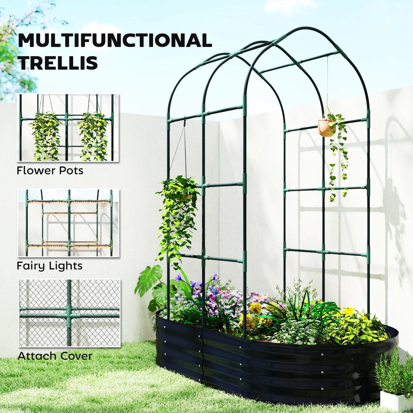 Outsunny Galvanised Raised Garden Bed With Arched Trellis 5 x 3 x 6ft Open Bottom Dark Grey