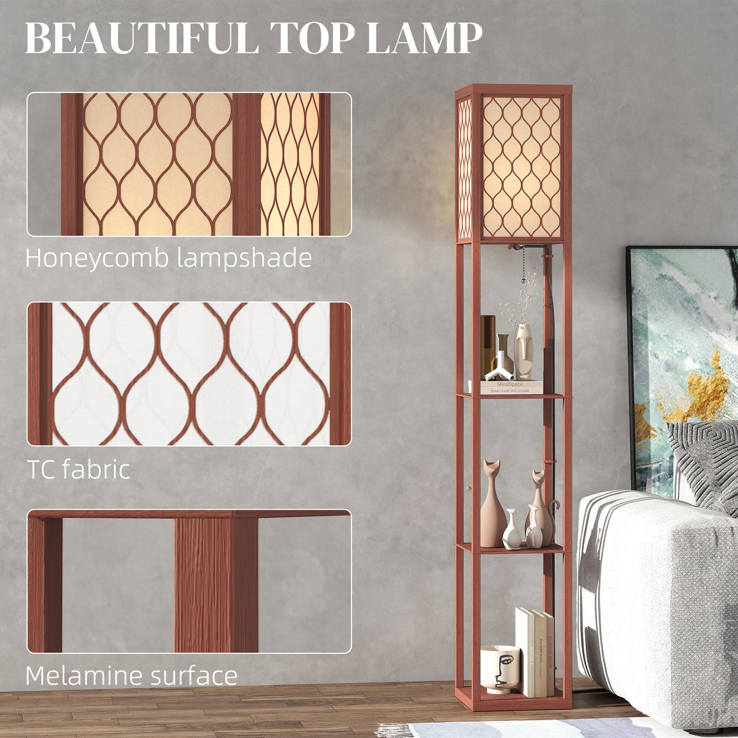 HOMCOM Three Shelf Standing Lamp Brown And White With Overhead Reading Light And Storage Shelves