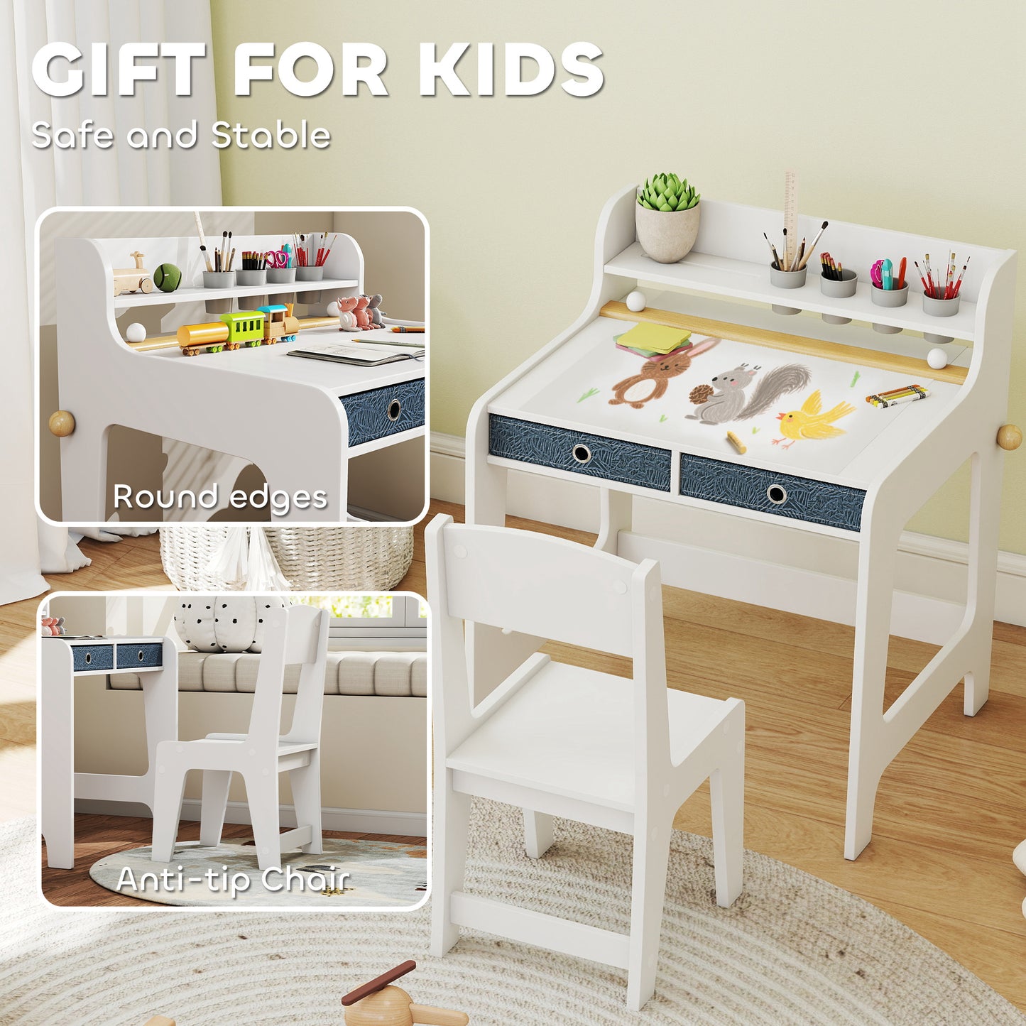 AIYAPLAY Kids Art Table and Chair Set with Storage Shelf and Drawers and Cupholders