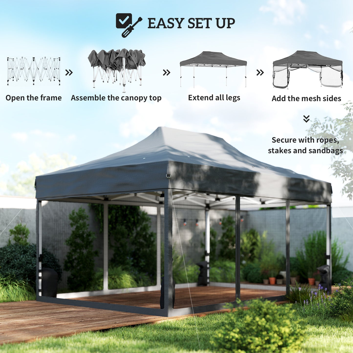 Outsunny 3 By 4.5 Meters Pop Up Gazebo With Mesh Netting UPF50 Plus Heavy Duty Outdoor Garden Tent Marquee Dark Grey