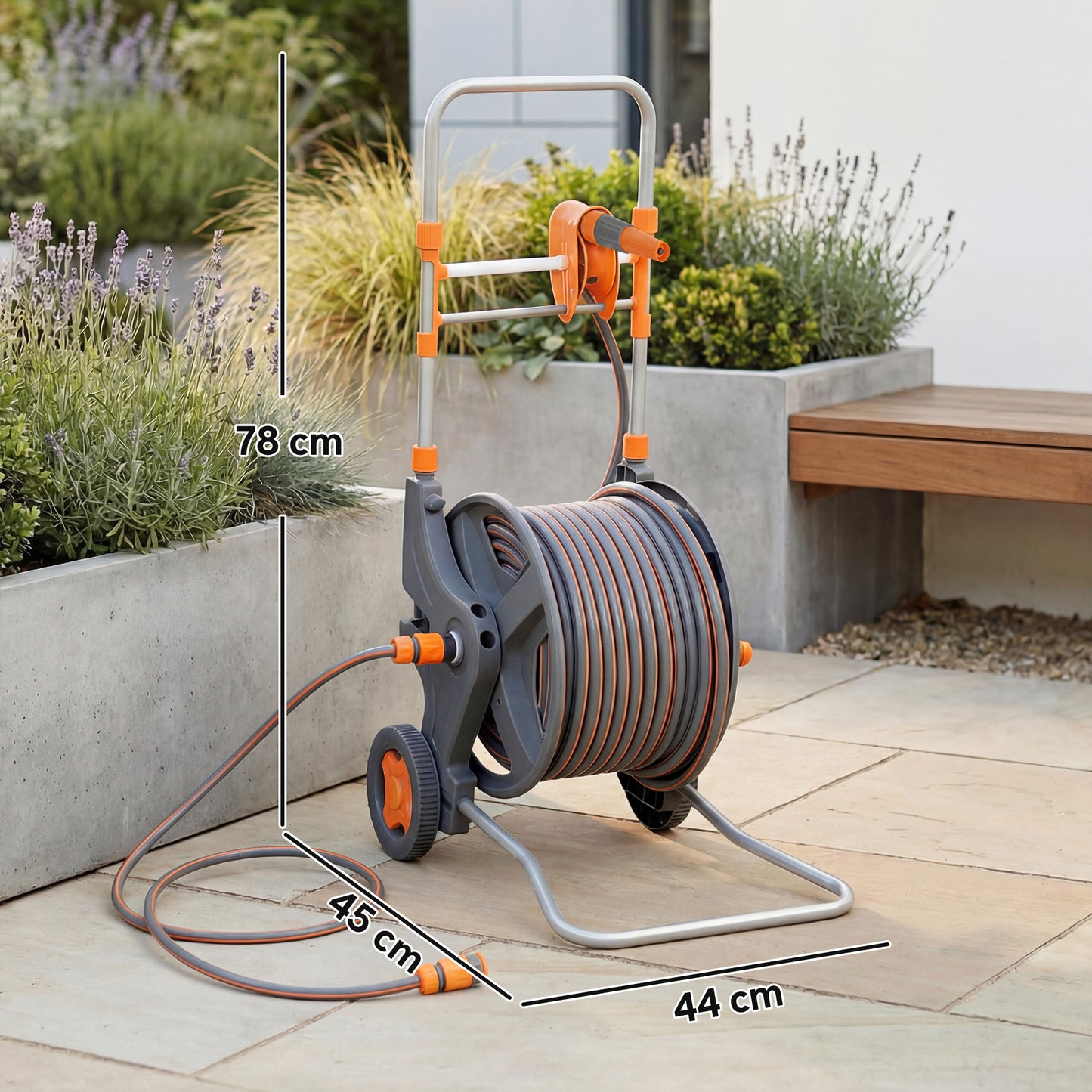 Outsunny Hose Reel Cart With Wheels 45m Garden Hose Reel With 2 Pattern Nozzles And Rewind Handle Orange