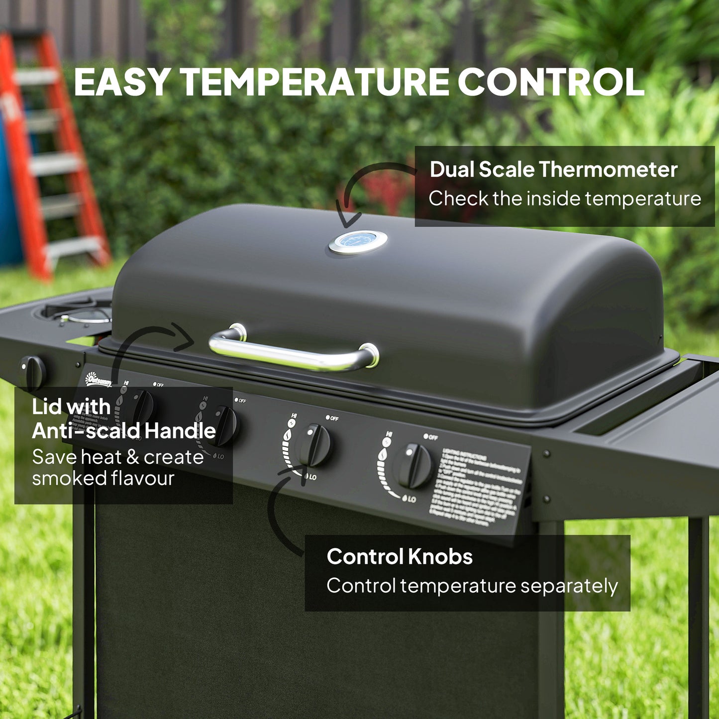 Outsunny Portable Gas BBQ Grill With Built In Thermometer Lid Side Table Shelf Spice Rack Wheels Grease Cup Black