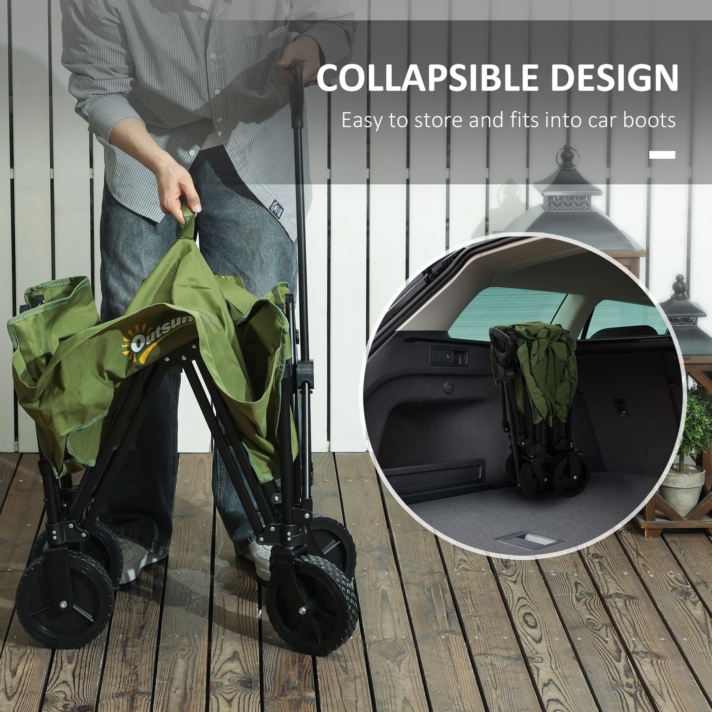 Outsunny 120L Festival Folding Trolley On Wheels With Adjustable Handle For Garden Beach Camping And Fishing Green