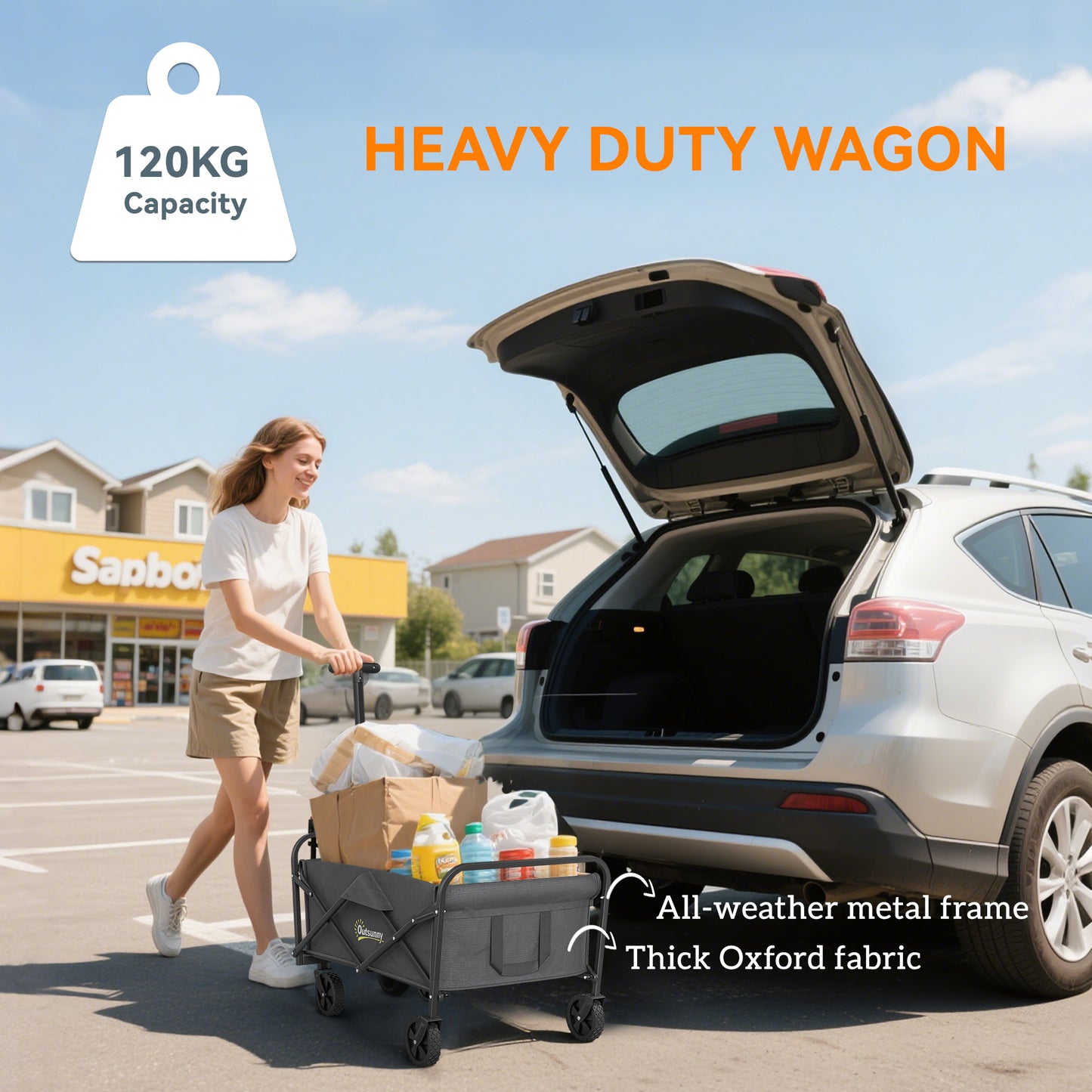 Outsunny 62L Festival Trolley On Wheels 120kg Capacity Beach Folding Cart With Adjustable Handle And Carrying Bag Grey