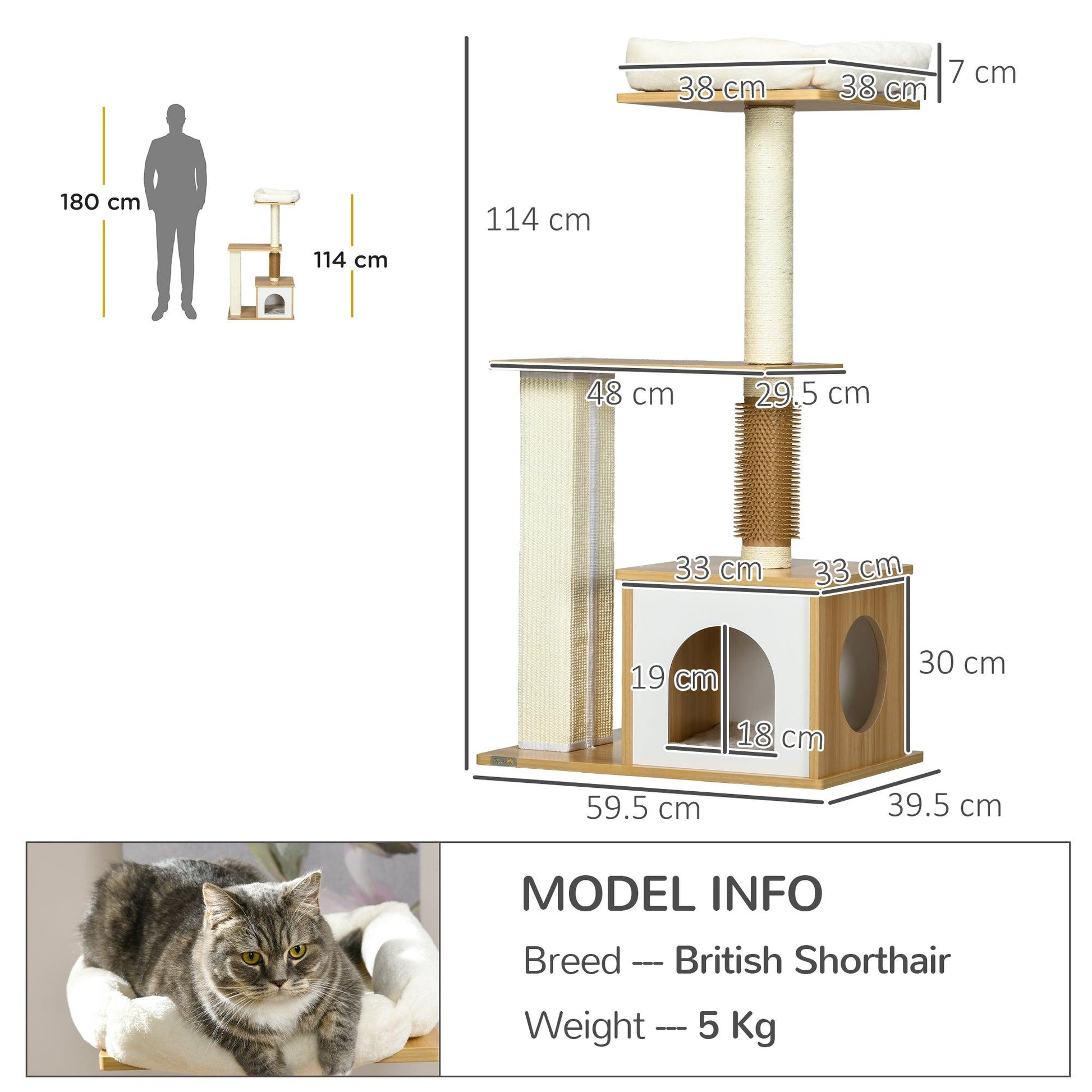 PawHut Cat Tree with Scratching Posts, Cat House, Cat Bed, Perches, 59.5 x 39.5 x 114 cm, Oak Tone - ALL4U RETAILER LTD