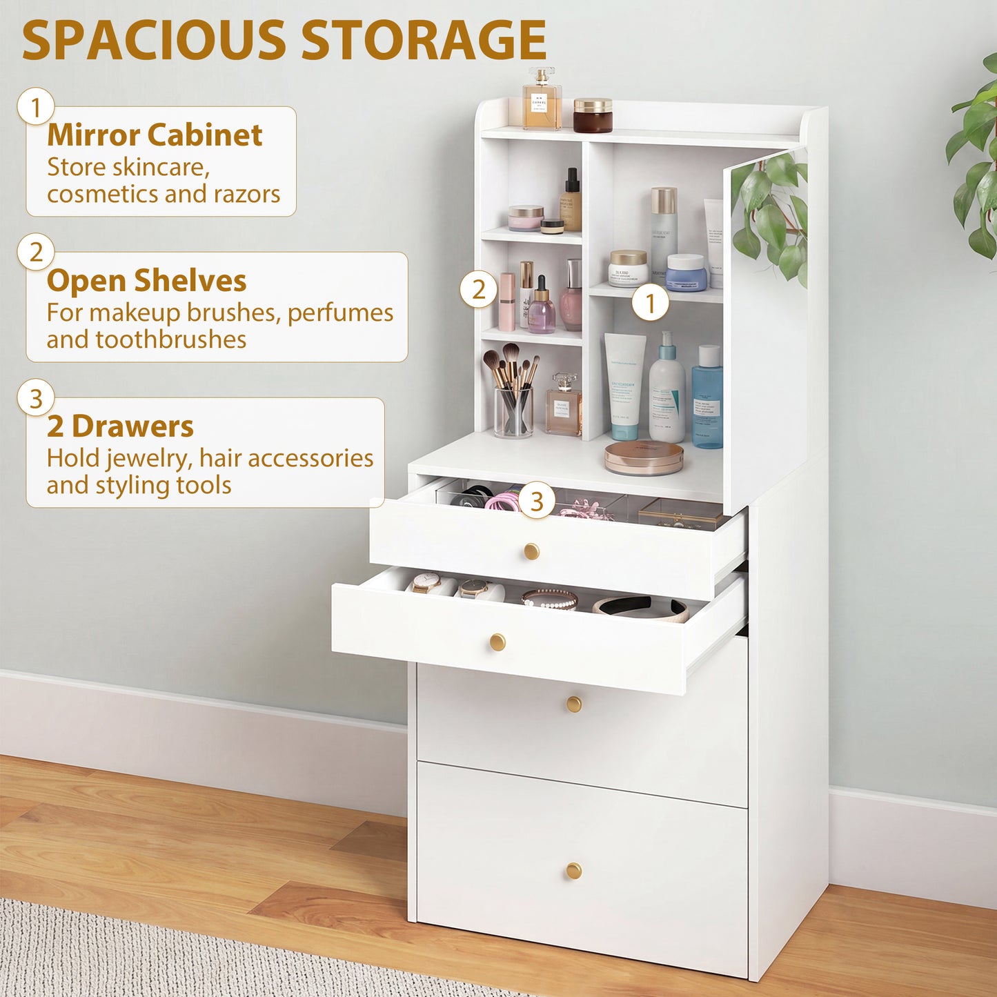 HOMCOM Dressing Table With Mirror And Storage Stool Compact Vanity Table With Cabinet Drawers And Open Shelves White