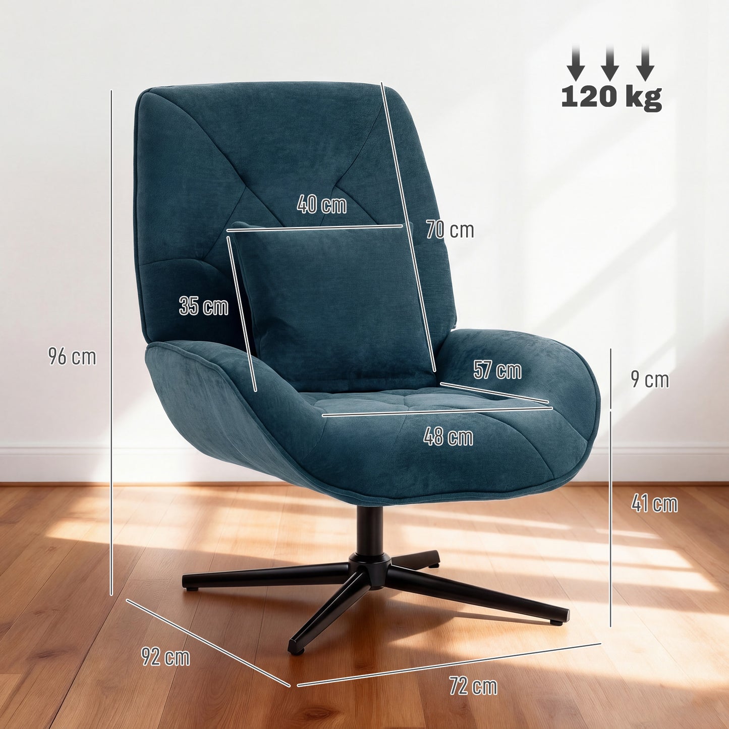 HOMCOM Accent Chair Chenille Upholstered Swivel Armchair With Lumbar Pillow High Back Deep Seat Dark Green Metal Legs