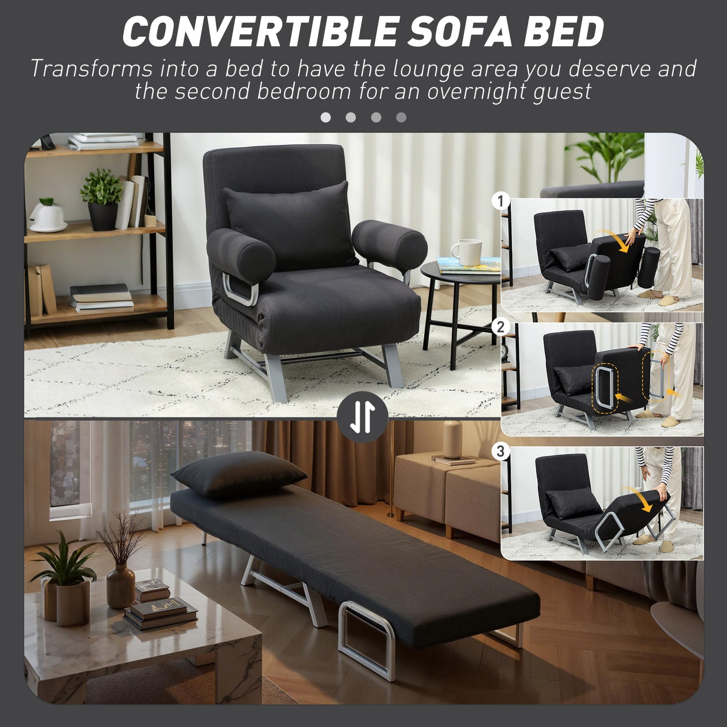 HOMCOM 3-In-1 Sofa Bed Convertible Chair Bed With Adjustable Backrest And Removable Armrests For Small Spaces Black