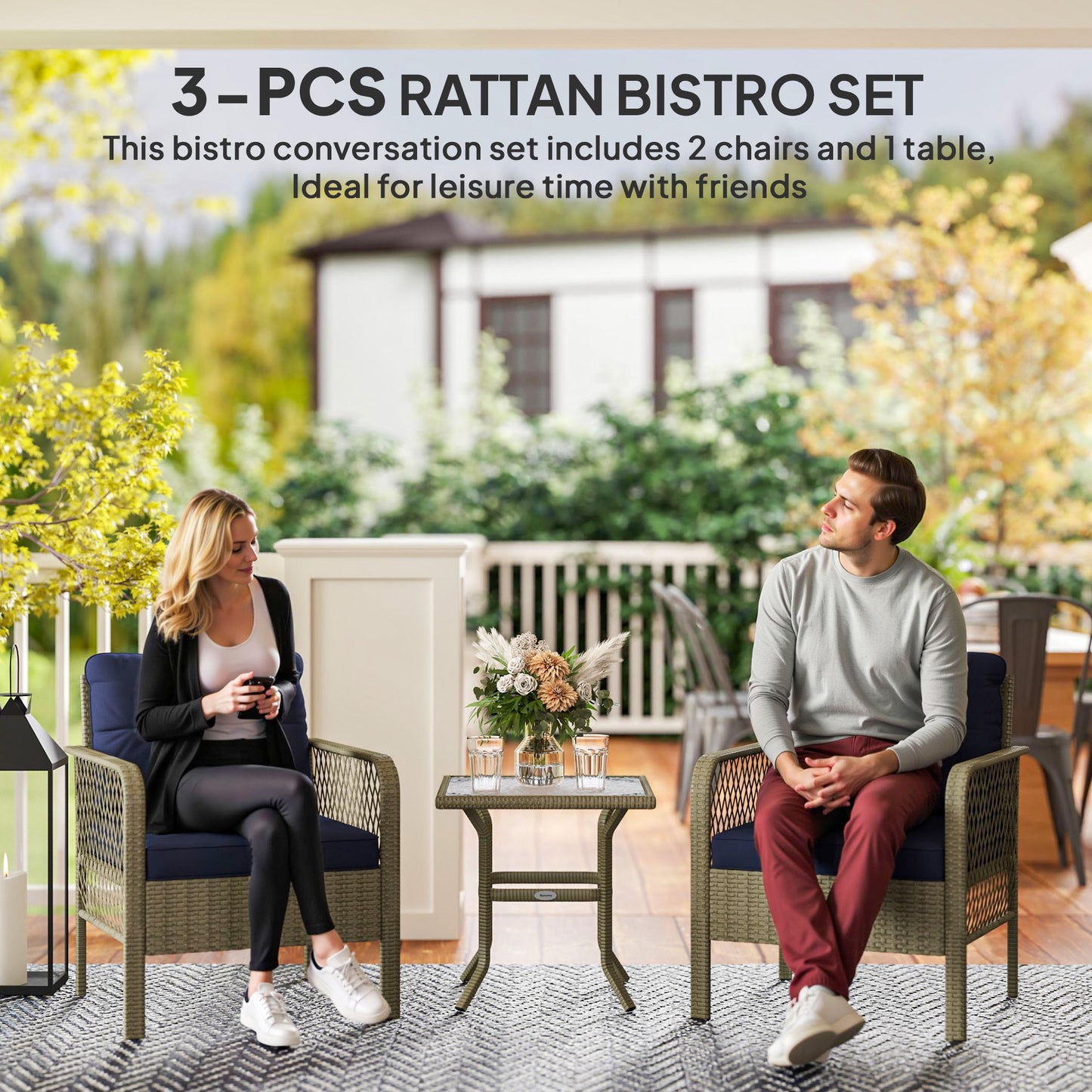 Outsunny 3 Piece Rattan Bistro Set With Glass Top Coffee Table Cushioned Chairs For Outdoor Patio Balcony Charcoal Grey