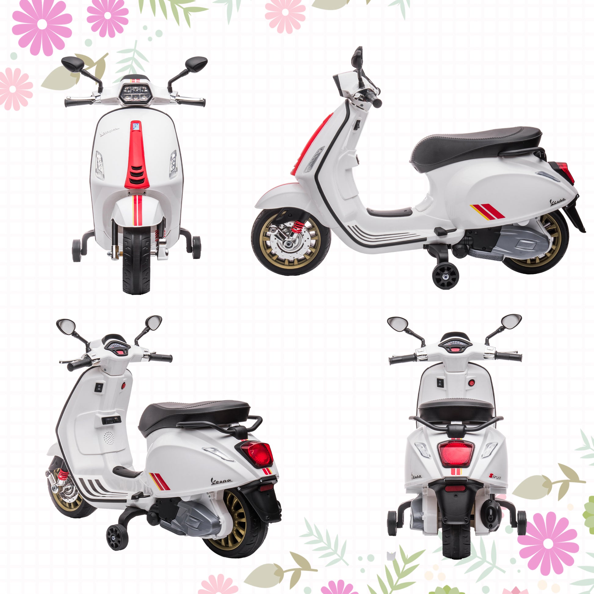 AIYAPLAY Vespa-Inspired 12V Kids Electric Motorbike with Music and Headlights - White, for Ages 3-6 - ALL4U RETAILER LTD