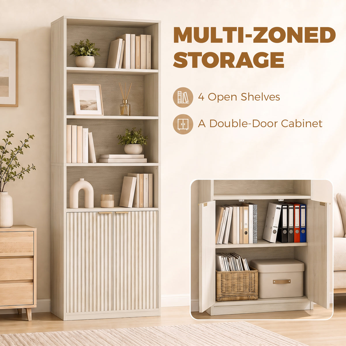 HOMCOM 6 Tier Small Bookshelf Slim Storage Unit With Cabinet Oak Effect