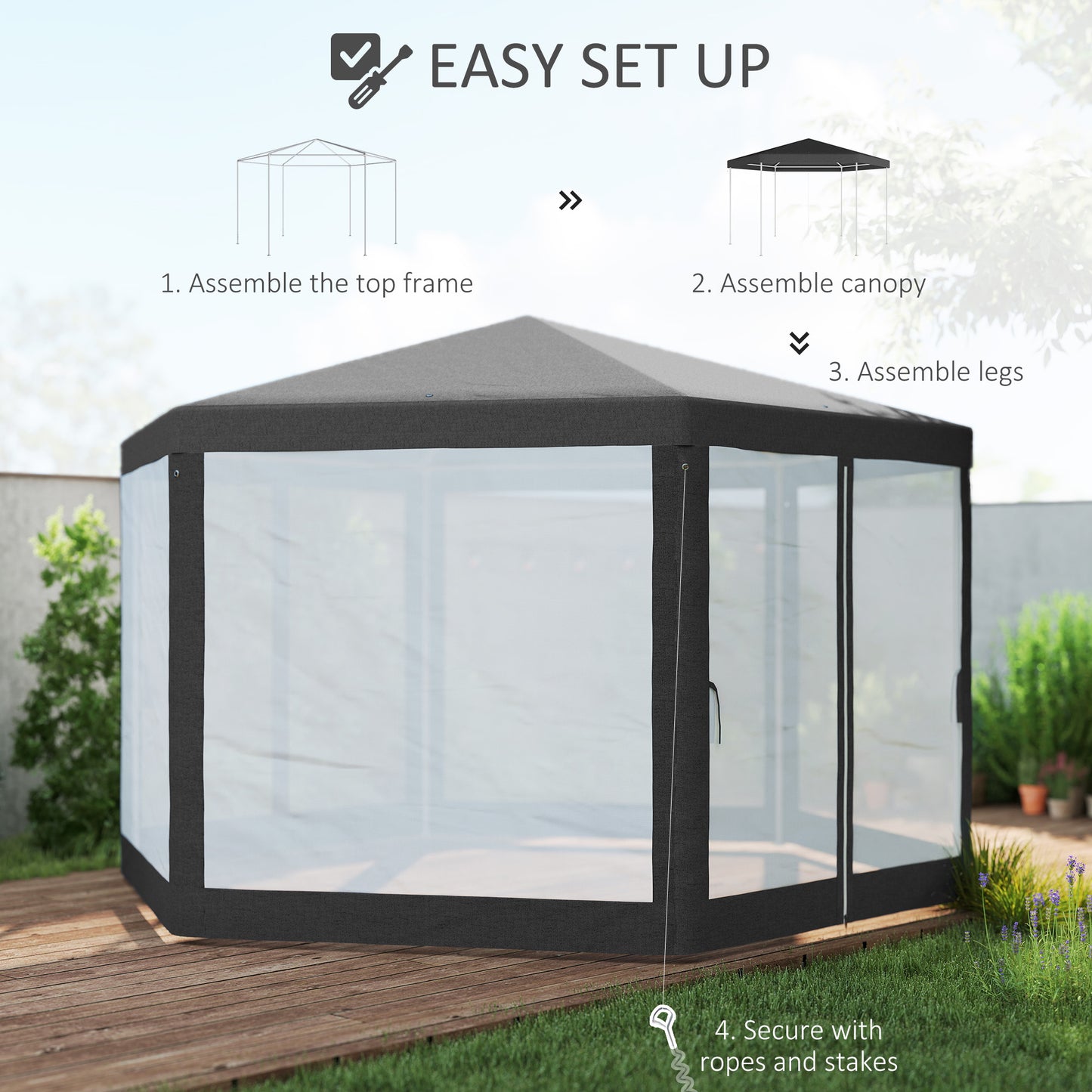 Outsunny 4M Hexagon Gazebo, Netting Party Tent, Patio Canopy Outdoor Event Shelter, Shade Resistant, Dark Grey