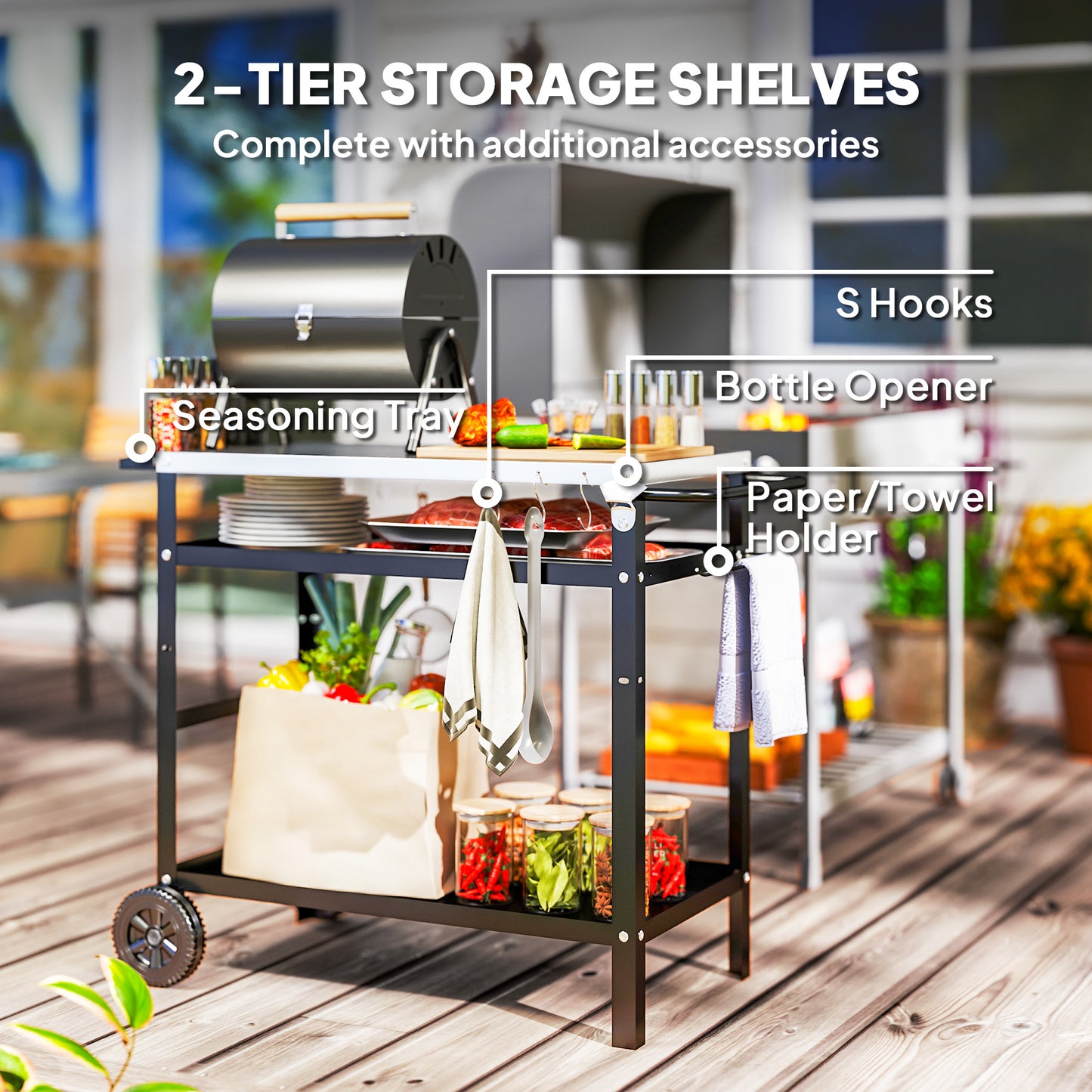 Outsunny Outdoor BBQ Trolley With Stainless Steel Top Adjustable Shelf Movable Grill Cart With Hooks Cover Black