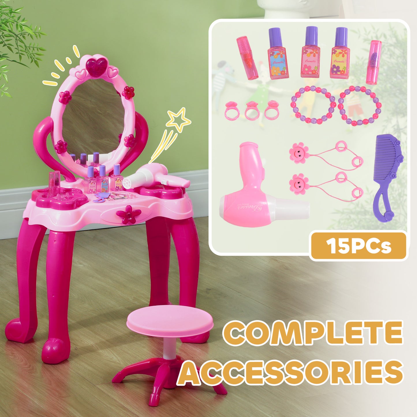 AIYAPLAY Pink Kids Vanity Set with Interactive Mirror, Music, and Accessories for Ages 3-6