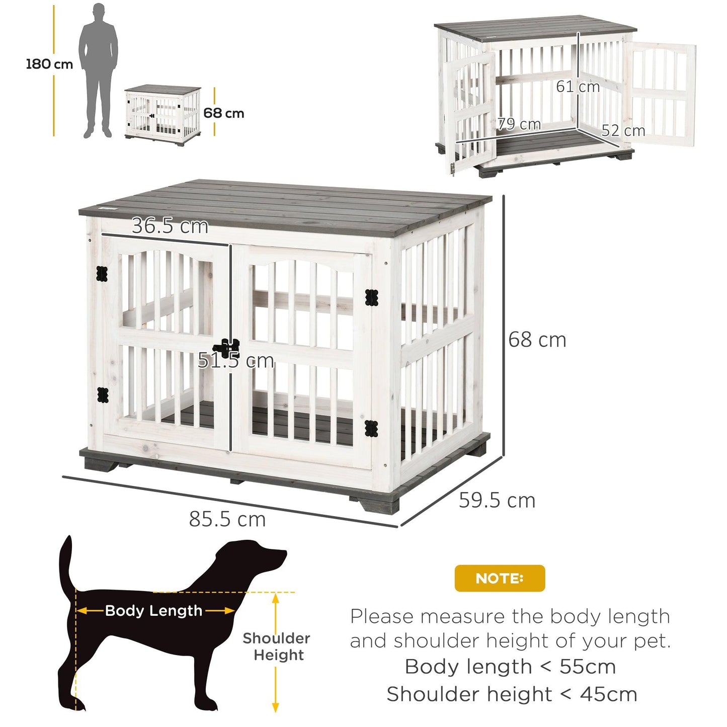 PawHut White Wooden Dog Crate Furniture for Small-Medium Dogs, Indoor, 85.5 x 59.5 x 68 cm - ALL4U RETAILER LTD