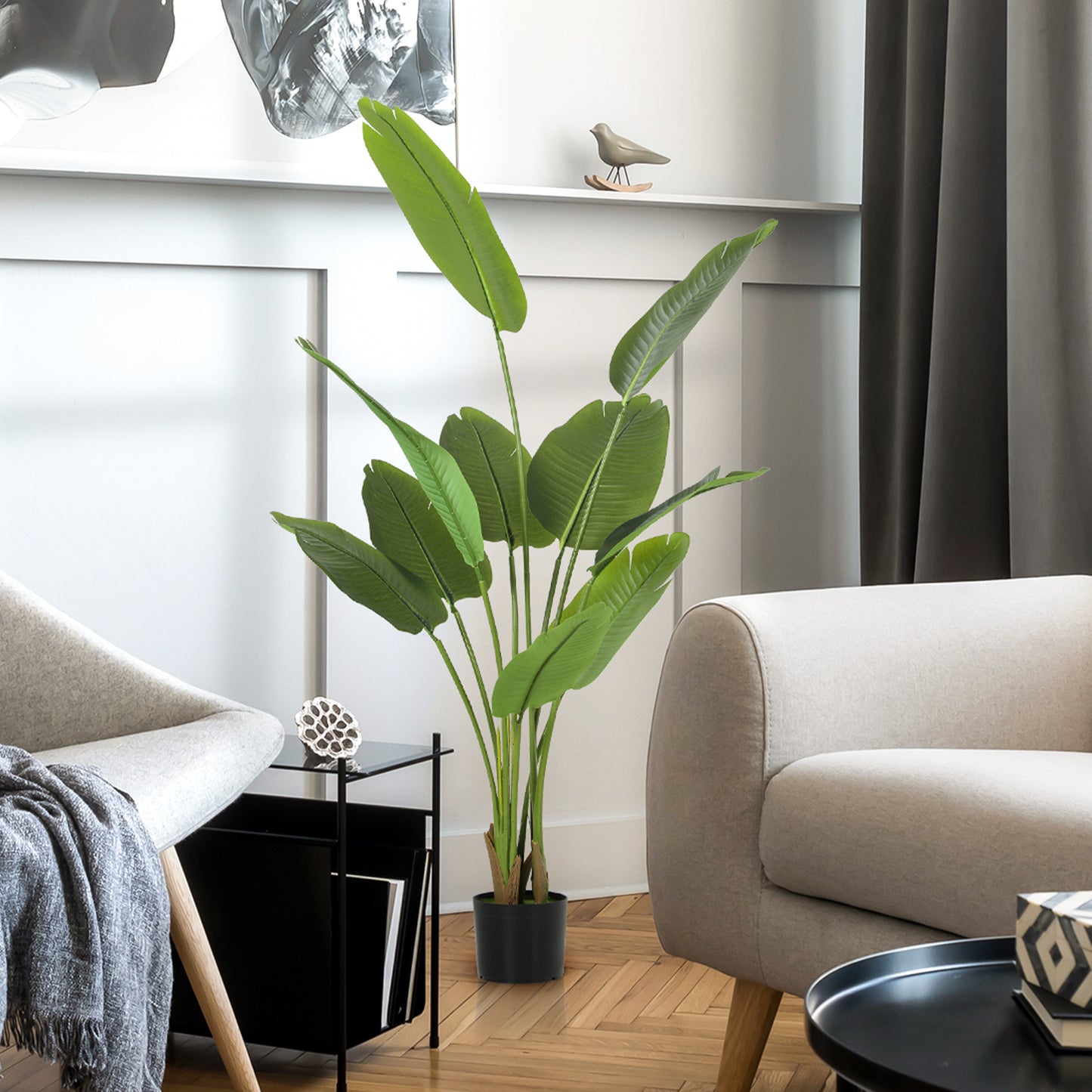 HOMCOM 160cm Tall Artificial Bird Of Paradise Plant Pot With Banana Leaves PEVA Leaves And Flocking For Home Office Decor