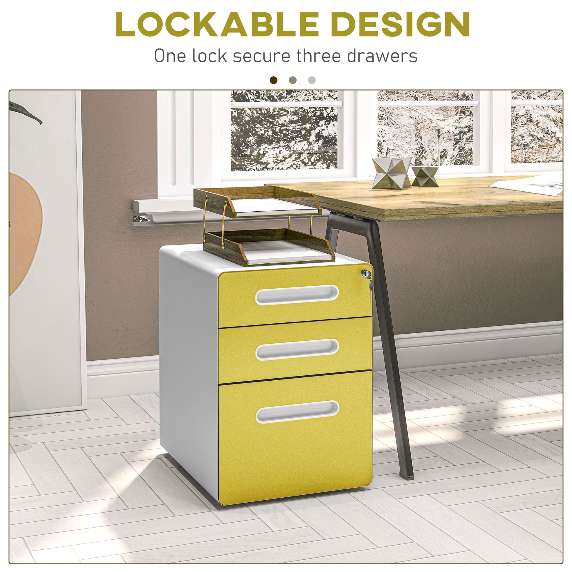 Vinsetto Yellow Steel Filing Cabinet with Lock, 3 Drawers and Wheels for A4, Letter, Legal Files - ALL4U RETAILER LTD