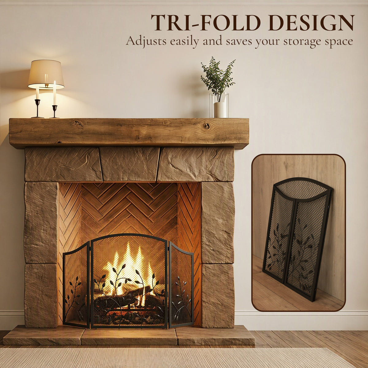 Tri-fold metal fireplace spark guard screen with black mesh and leaf panel design