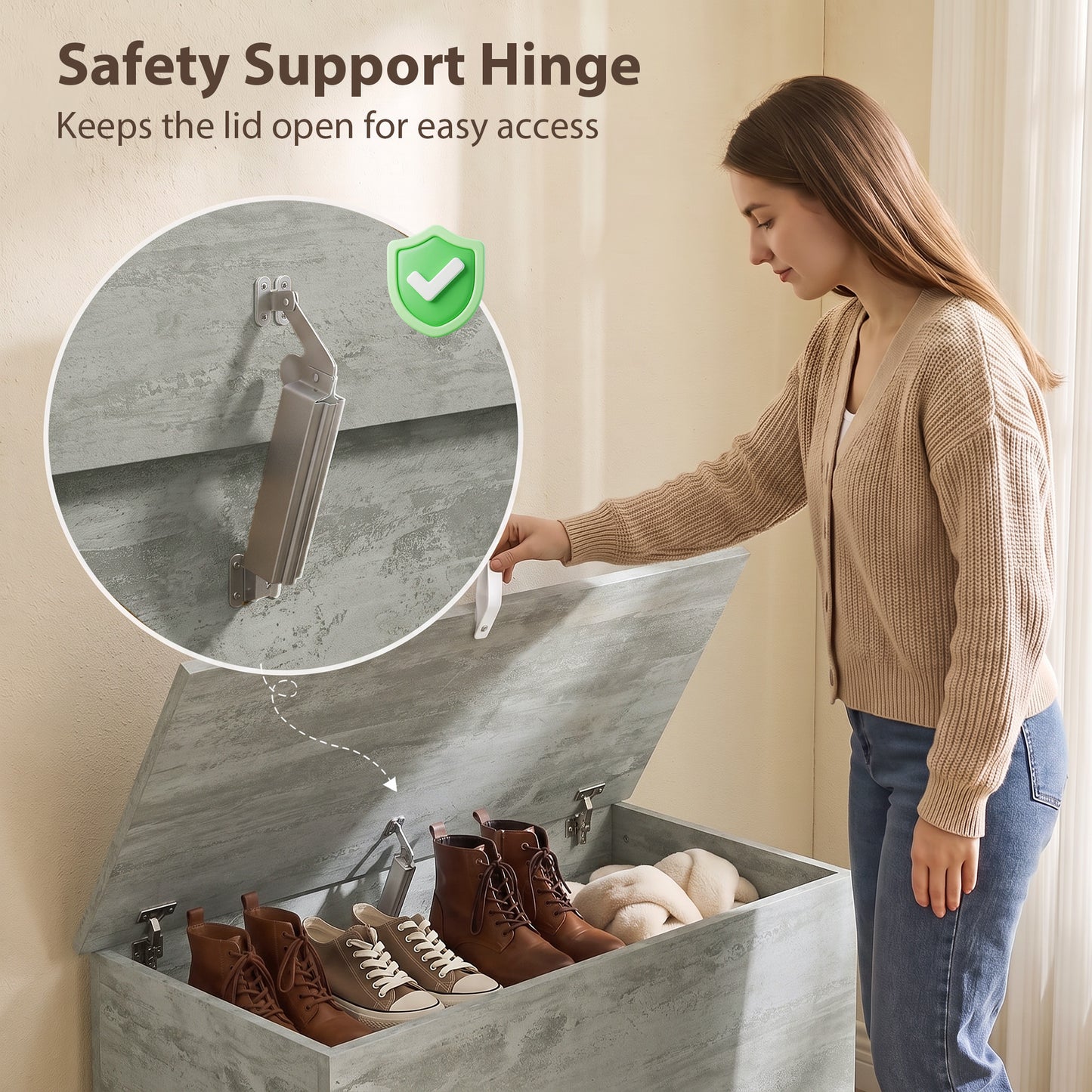Grey HOMCOM 102L Wooden Storage Bench With Safety Hinged Lid