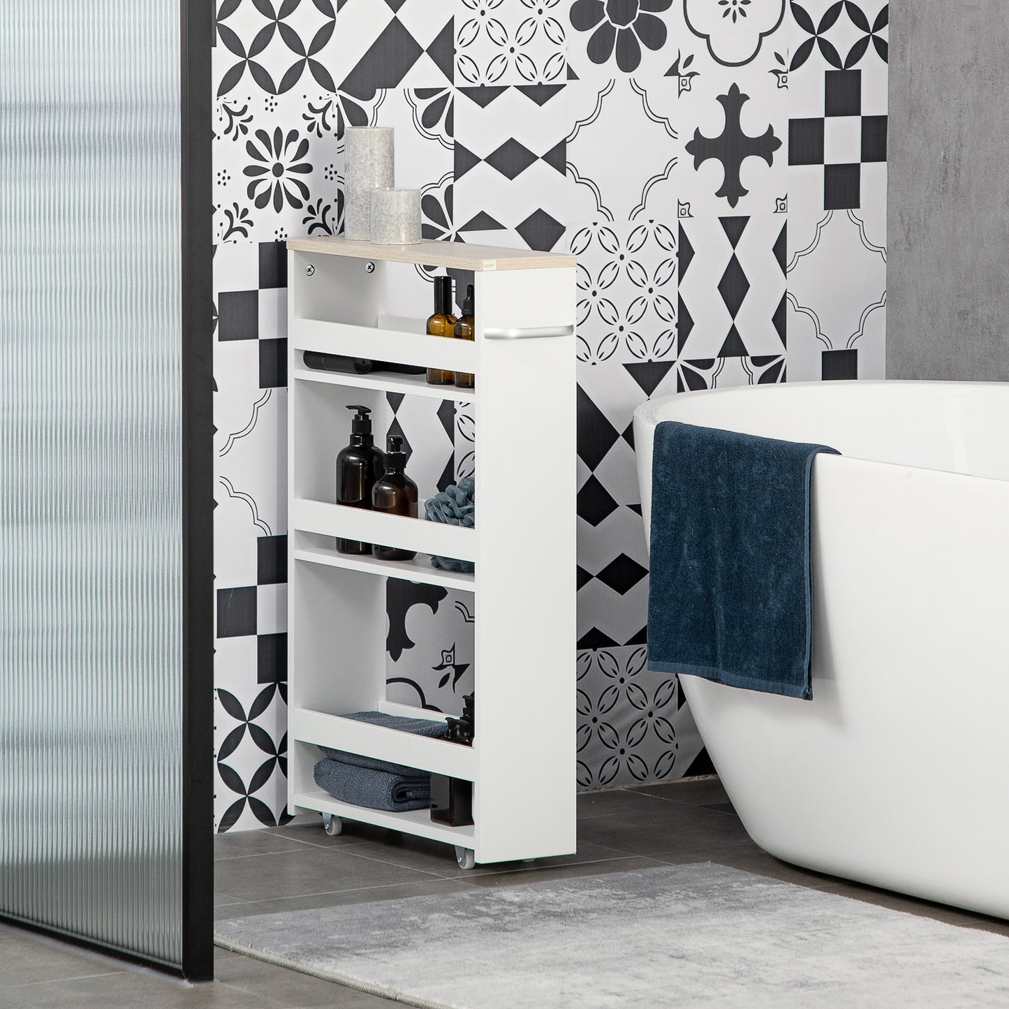 Kleankin 4 Tier Storage Cart On Wheels And Handle White Compact Bathroom Trolley 48W x 15D x 80H cm