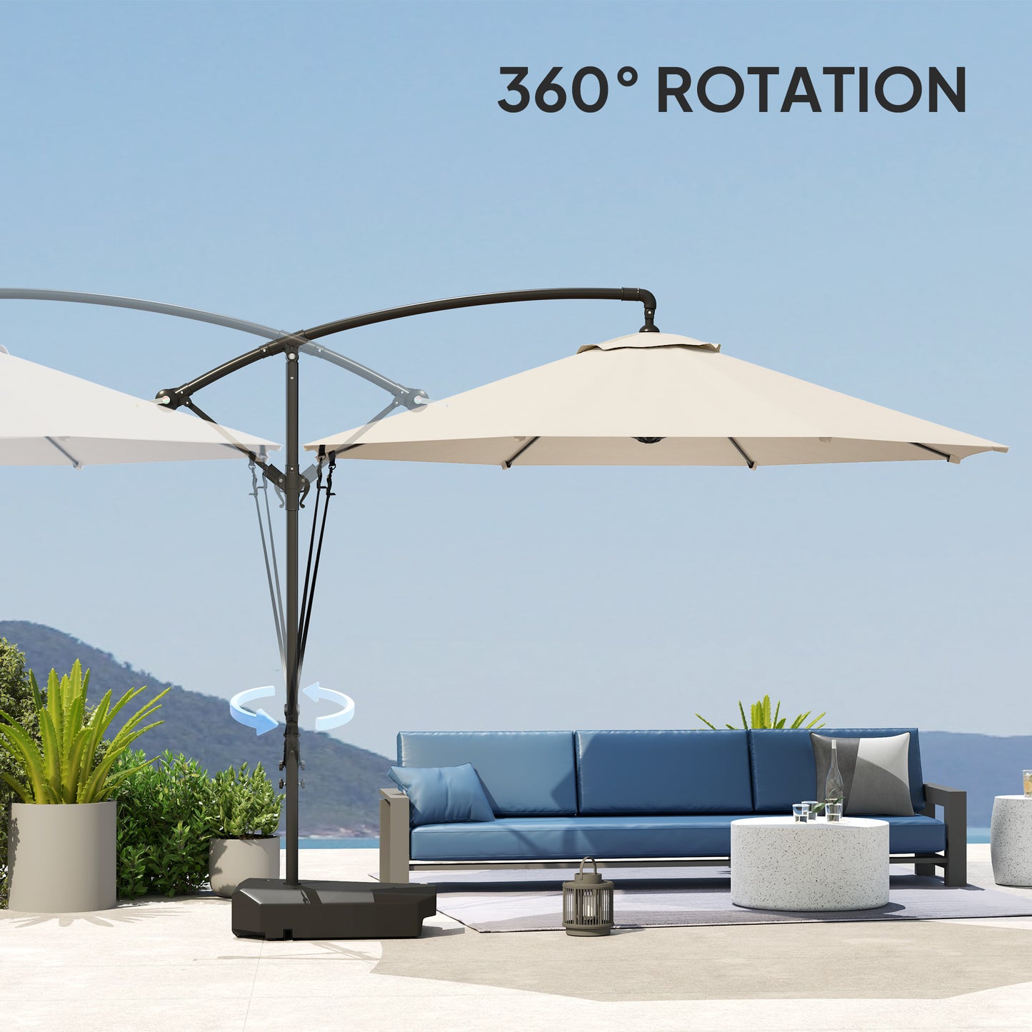 Outsunny 3m Garden Cantilever Parasol With Fillable Base Up To 90kg, Crank Tilt, Wind Straps, UPF50+ Cream, Cover