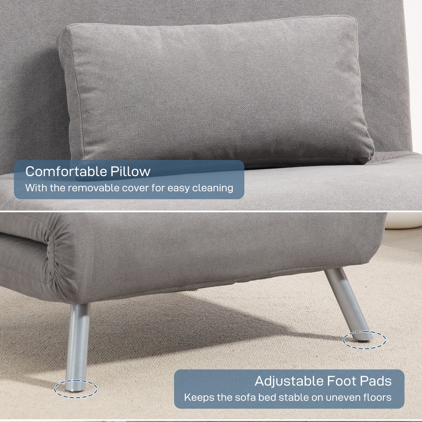 HOMCOM Snow Flannel Chair Bed With Click Clack Mechanism Grey Converts From Chair To Chaise Or Bed
