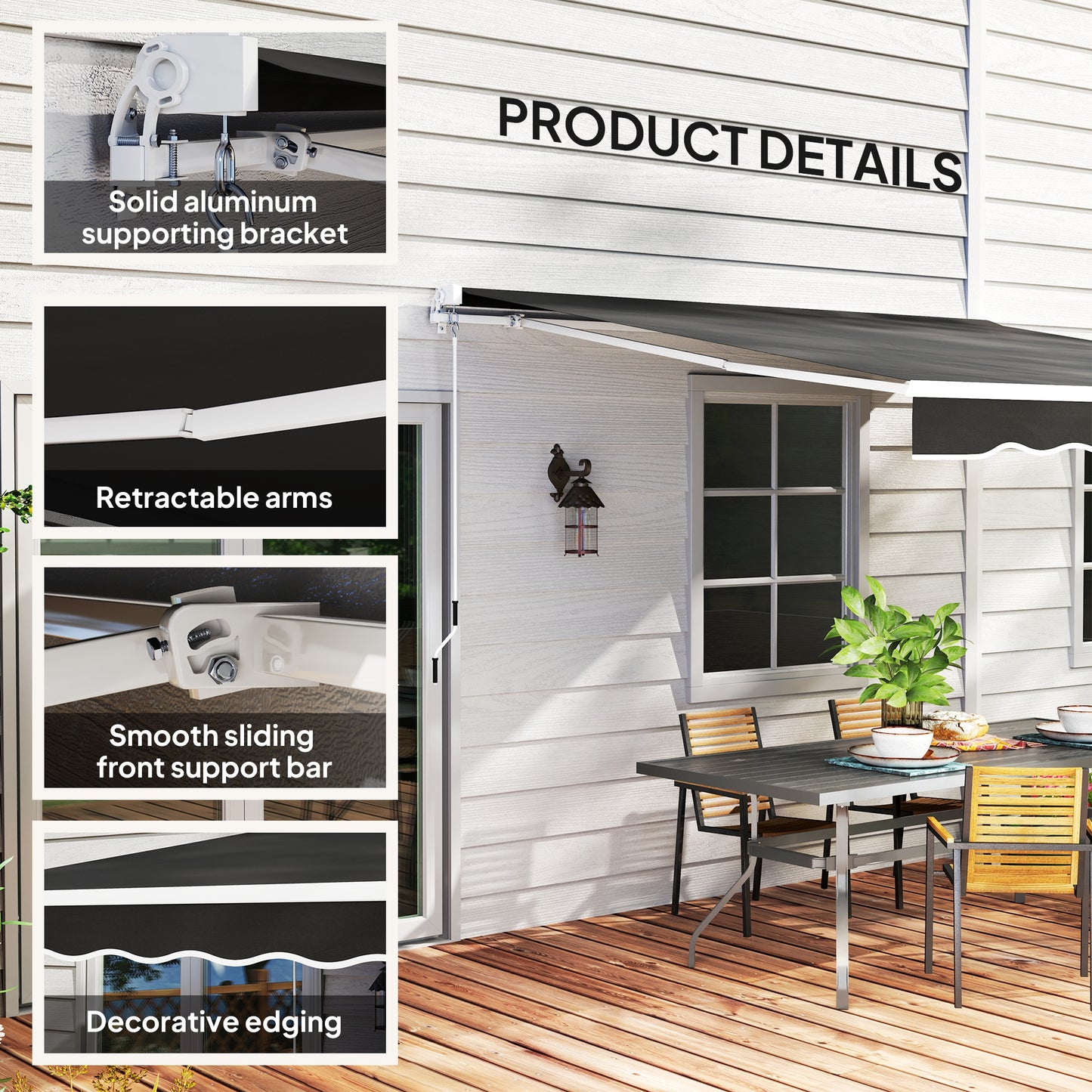 Outsunny Garden Retractable Awning Black 2x2.5m Aluminium Frame With 280Gsm Polyester Canopy Wall Mounted Shade