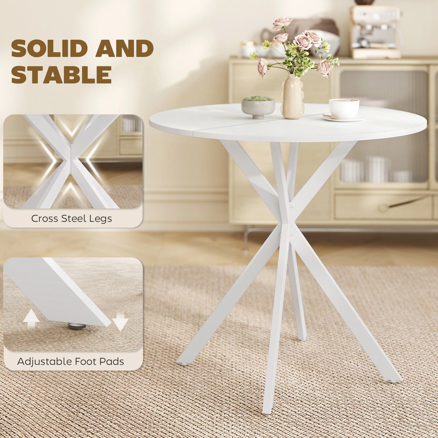 HOMCOM 80cm Industrial Round Dining Table White With X Shaped Legs Seating Four Kitchen