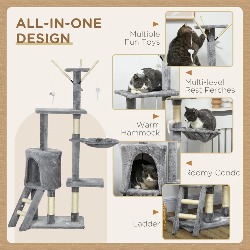 PawHut Cat Scratching Post Cat Tree Climbing Tower with Ladder, Kitty Activity Centre, 135cm Grey - Indoor Cats Scratcher - ALL4U RETAILER LTD