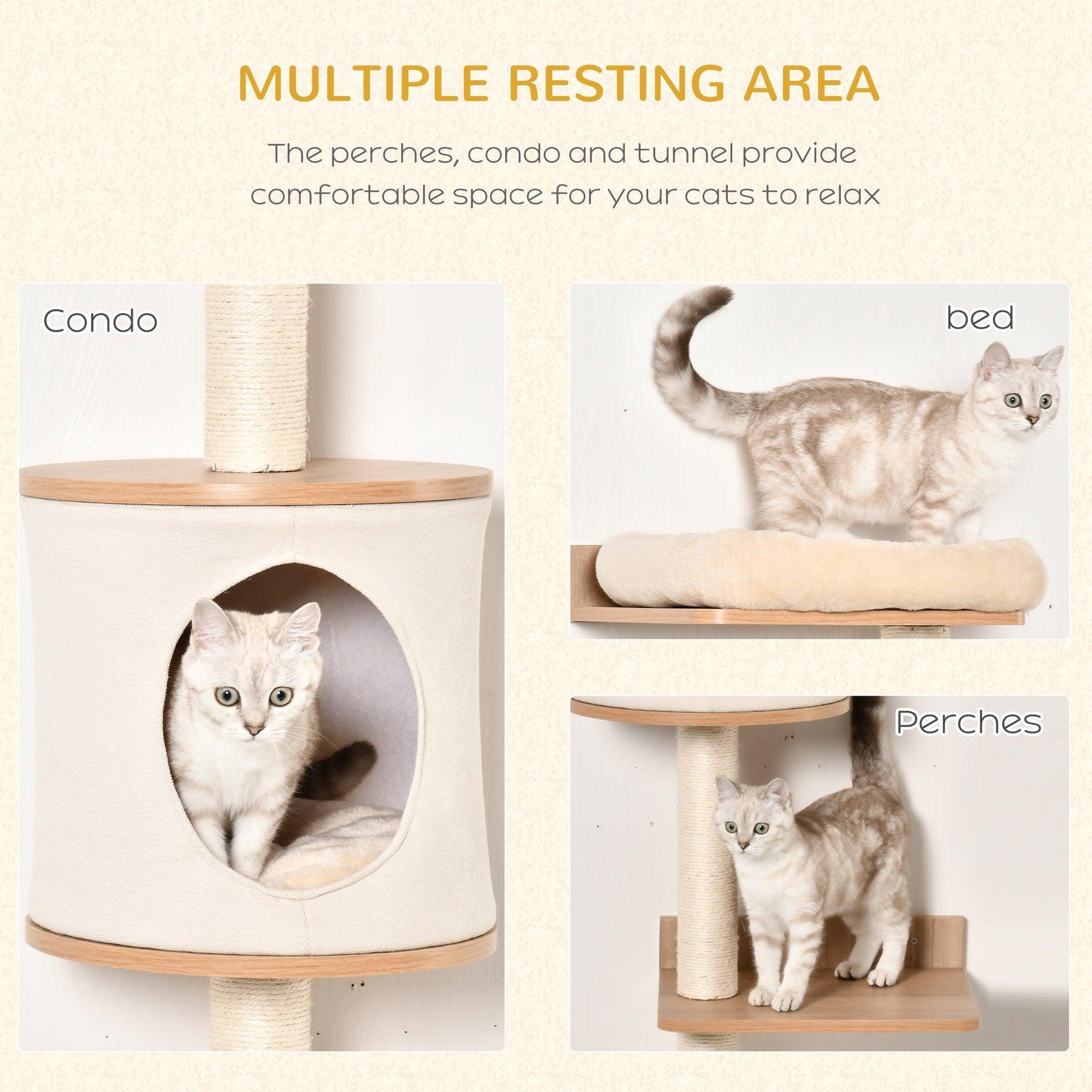 PawHut Wall-Mounted Cat Tree Condo Bed Scratching Post - Beige - ALL4U RETAILER LTD