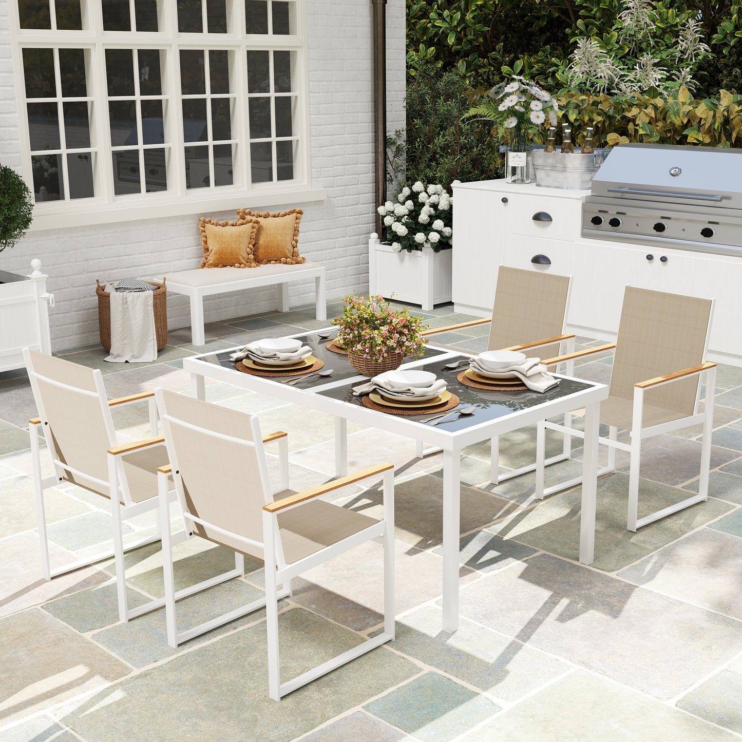 Outsunny 5 Piece Garden Furniture Set With 4 Armchairs And Tempered Glass Tabletop For Deck Balcony