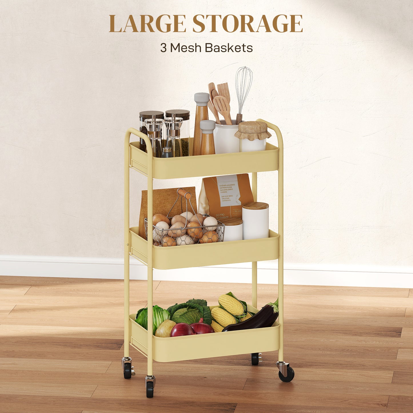 HOMCOM Three Tier Steel Storage Trolley With Baskets Yellow Rolling Cart For Kitchen Laundry Home Organization