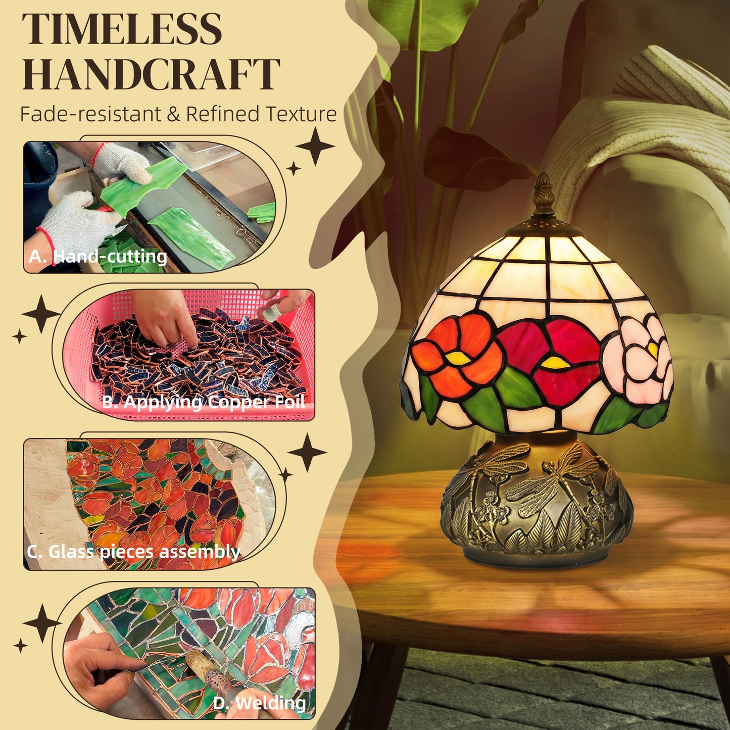 HOMCOM Handcrafted Classic Stained Glass Bedside Lamp Tiffany Style Lamp with Sculpted Dragonfly Base Multi Coloured