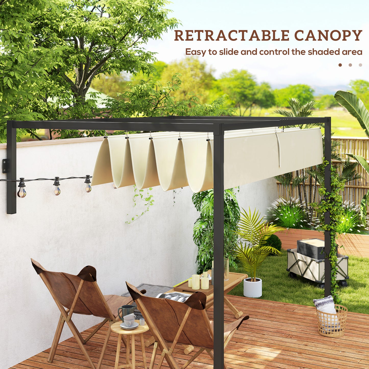 Outsunny 2x3m Lean To Steel Pergola With Retractable Fabric Canopy In Khaki For Outdoor Shade