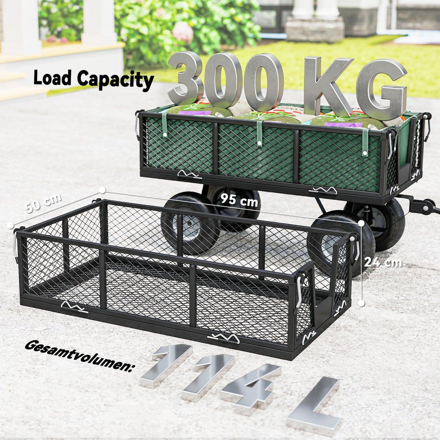 Outsunny 114L Steel Frame Garden Cart Trolley Green With Removable Waterproof Bag