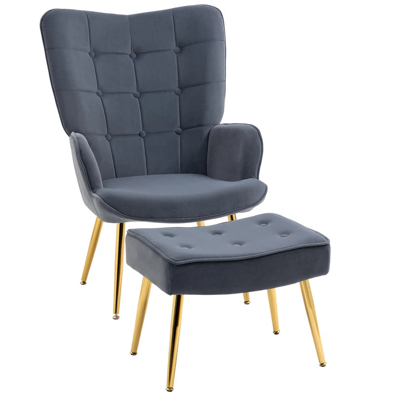 HOMCOM Modern Velvet Wingback Armchair with Footstool - Dark Grey - ALL4U RETAILER LTD