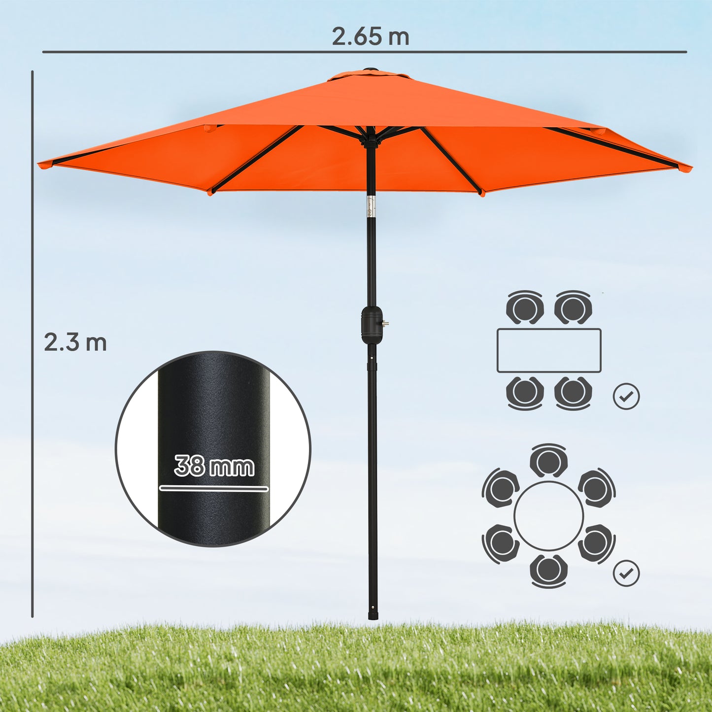 Outsunny 2.6m Garden Parasol Umbrella With Aluminium Pole Outdoor Patio Umbrella Tilt And Crank Vent Orange