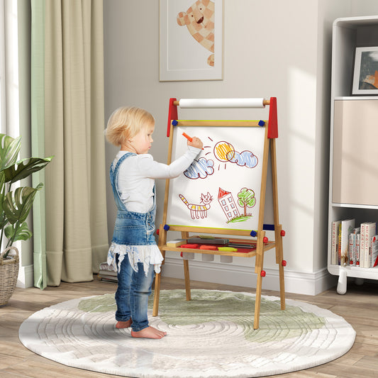 AIYAPLAY 3 In 1 Wooden Kids Easel With Paper Roll Double Sided Whiteboard And Chalkboard Adjustable Height 95 110 cm