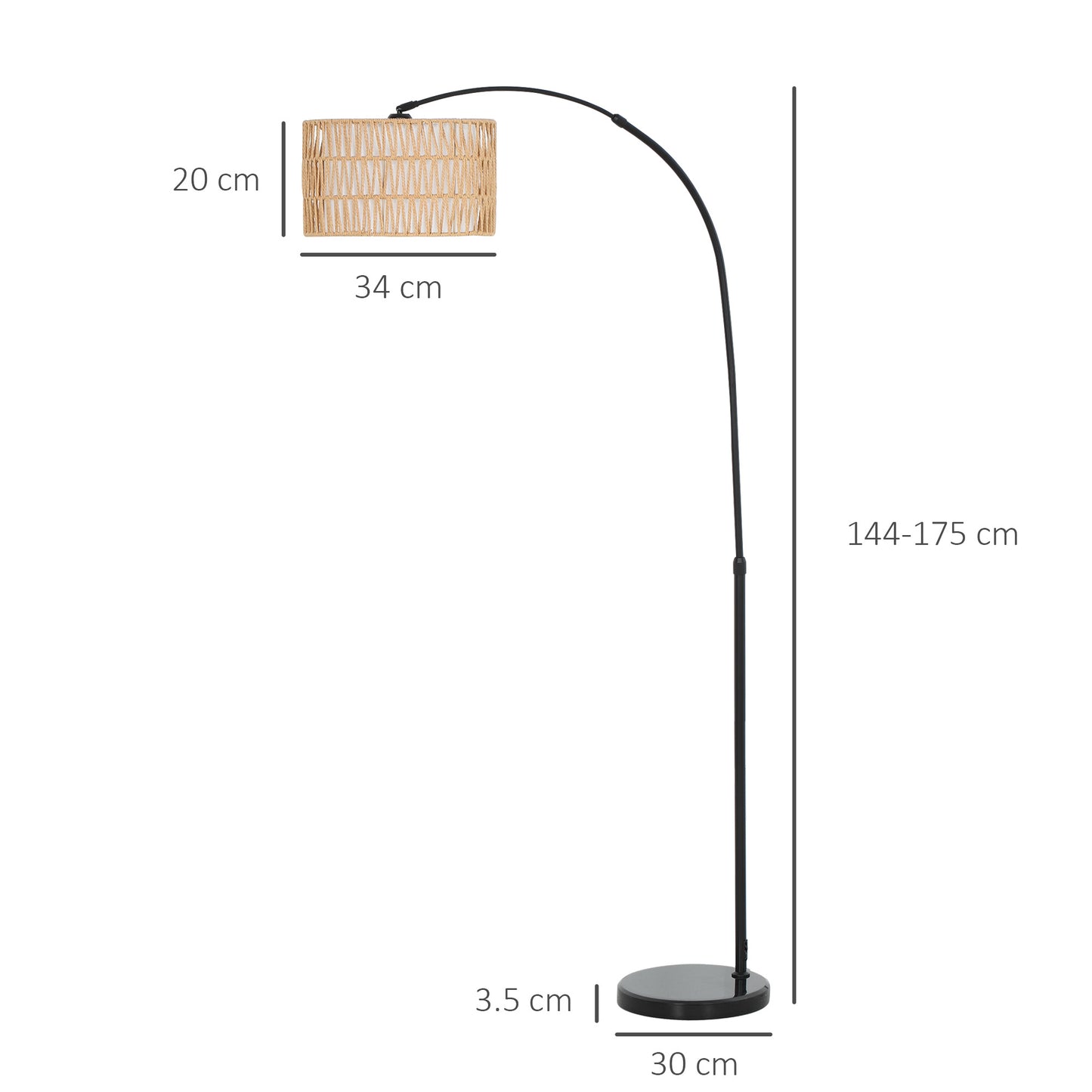 HOMCOM Rattan Floor Lamp Arc Farmhouse Standing Lamp With Dual Layer Shade Foot Switch Height Adjustable Black