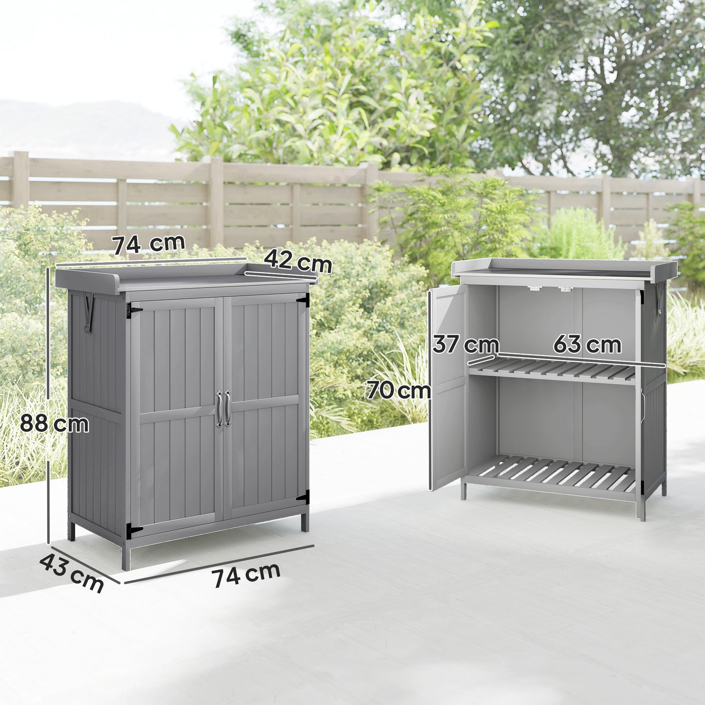 Outsunny Wooden Garden Shed With Hinged Roof And Shelf Outdoor Garden Tool Storage Cabinet With Double Doors Grey