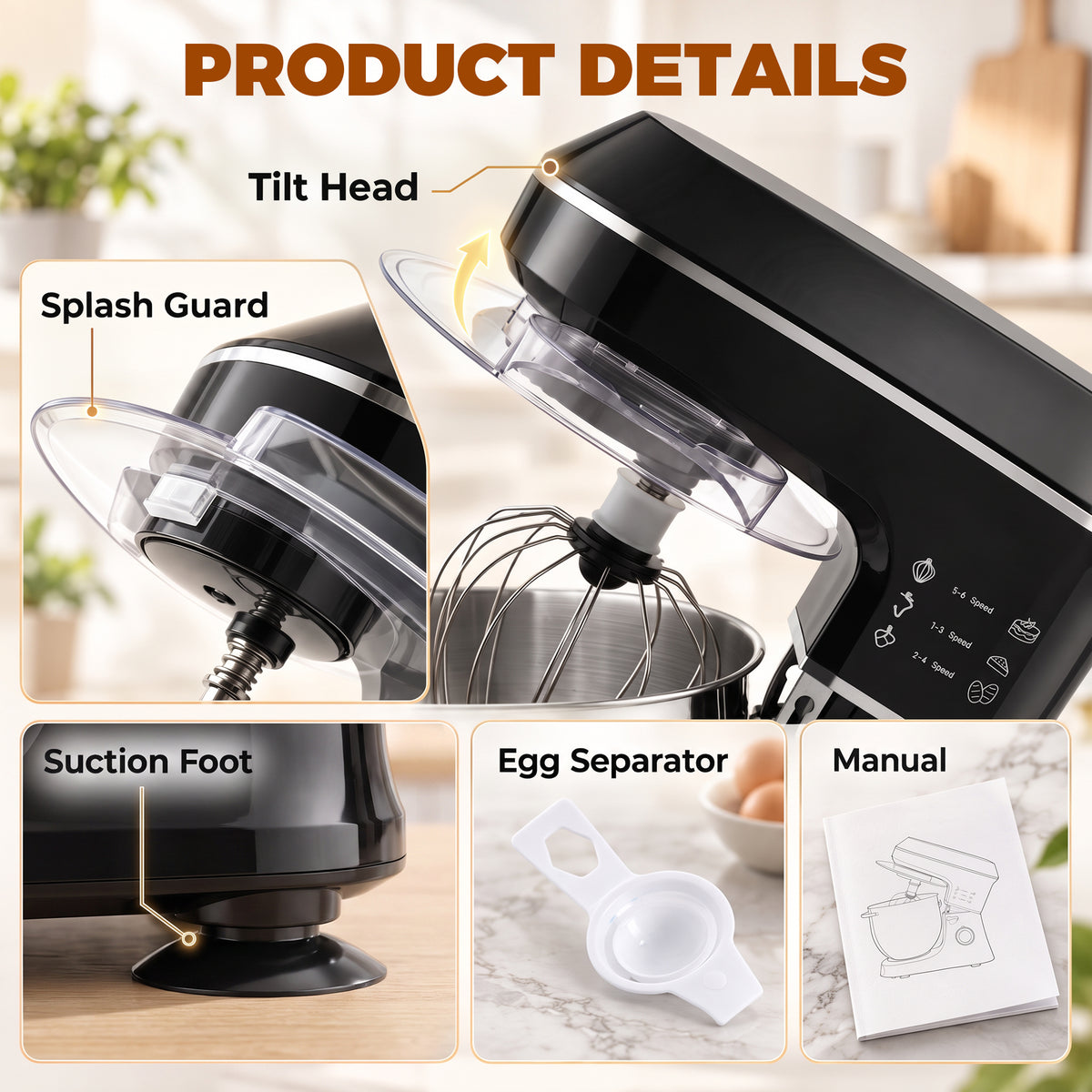 Stand mixer with tilt head and splash guard; suction foot and egg separator included