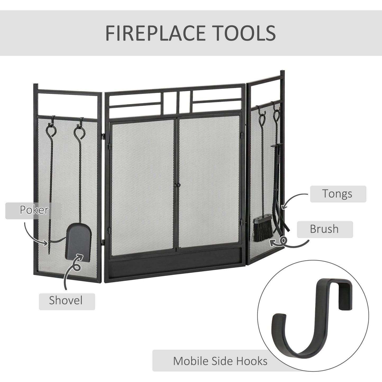 HOMCOM Black Steel Fireplace Screen with Double Door and Mesh Design - 122x80cm - ALL4U RETAILER LTD