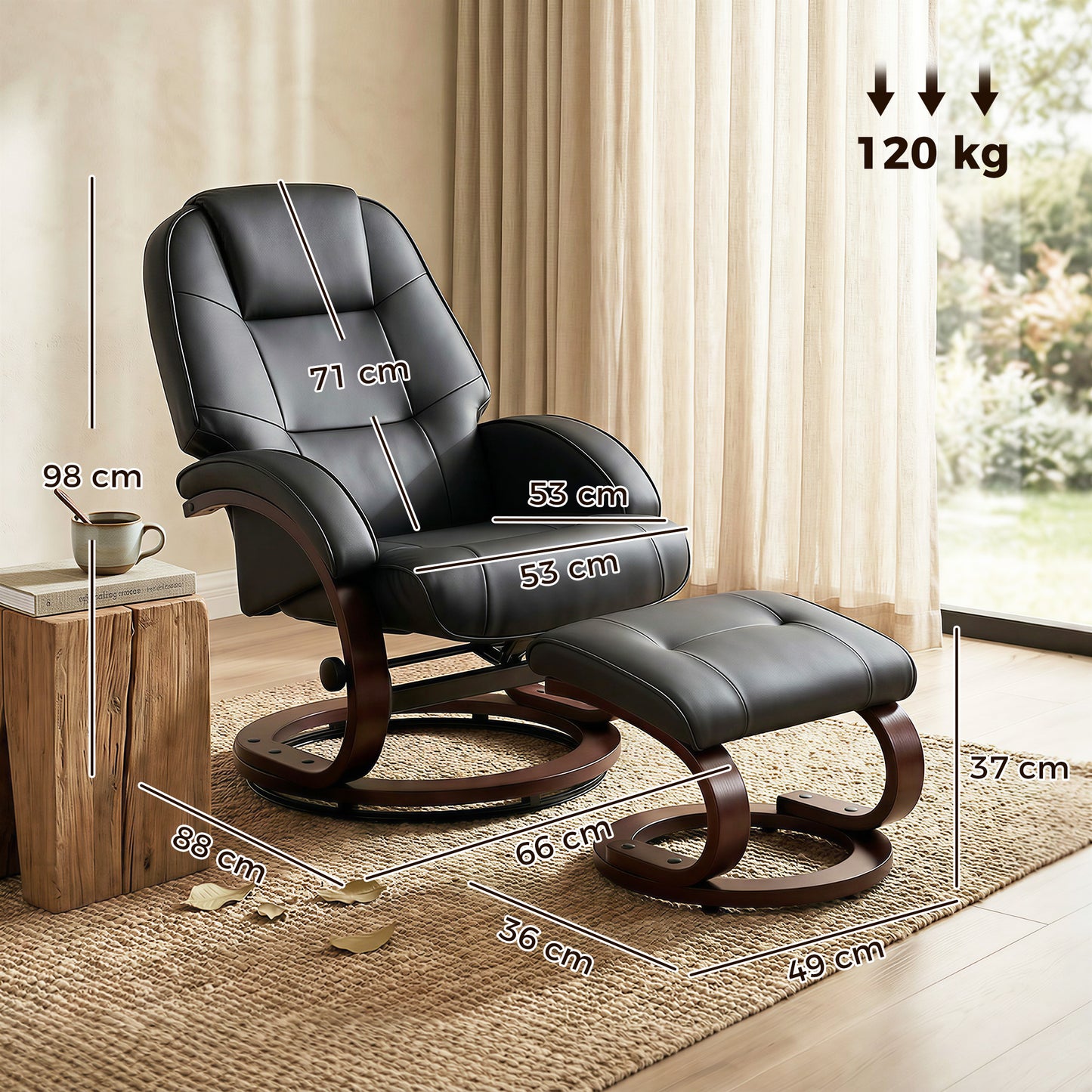 HOMCOM Swivel Recliner Chair With Footstool PU Leather Adjustable Back Wood Frame Black