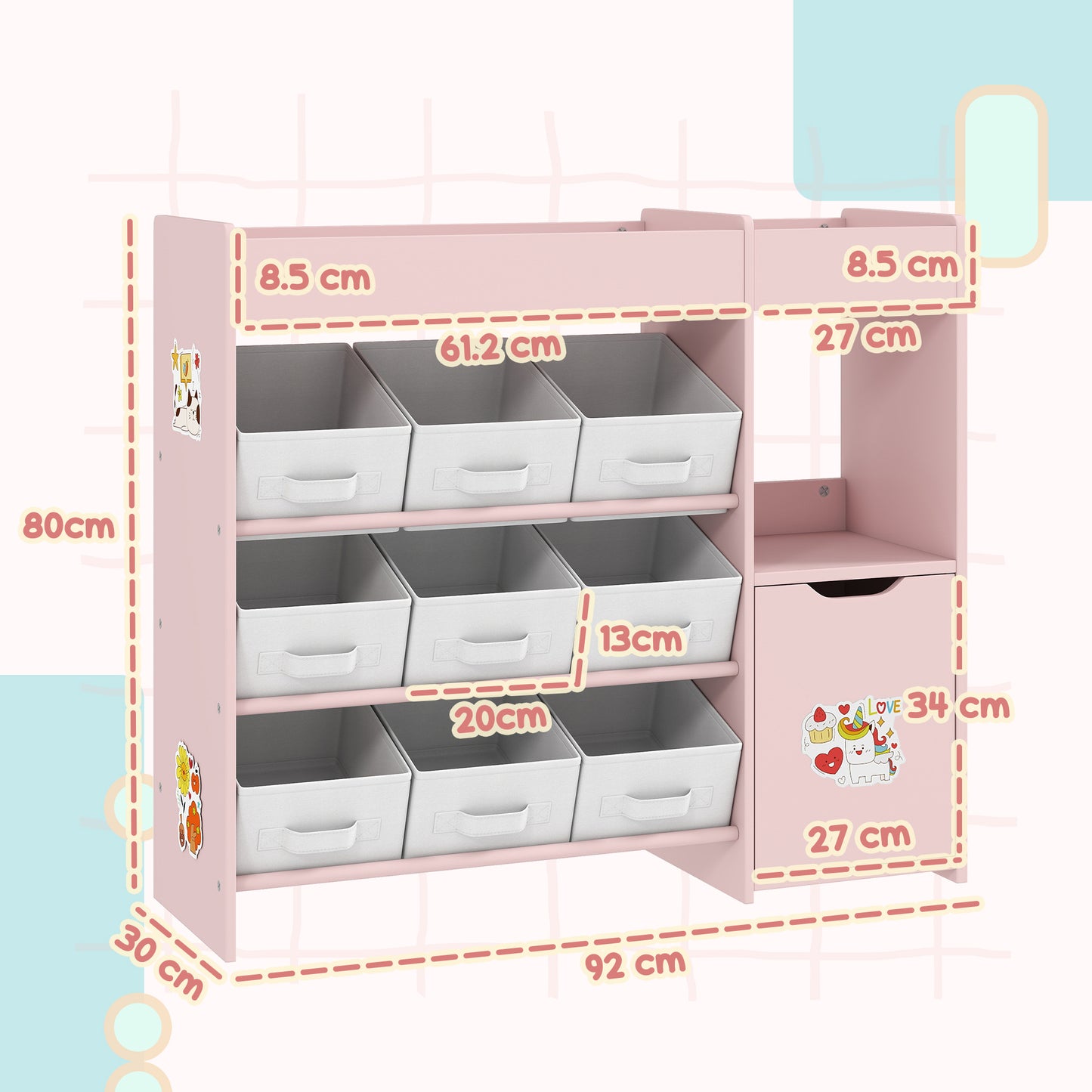 AIYAPLAY Kids Toy Storage With 9 Removable Fabric Bins Wooden Storage Unit For Toys And Books Pink Nursery Bedroom