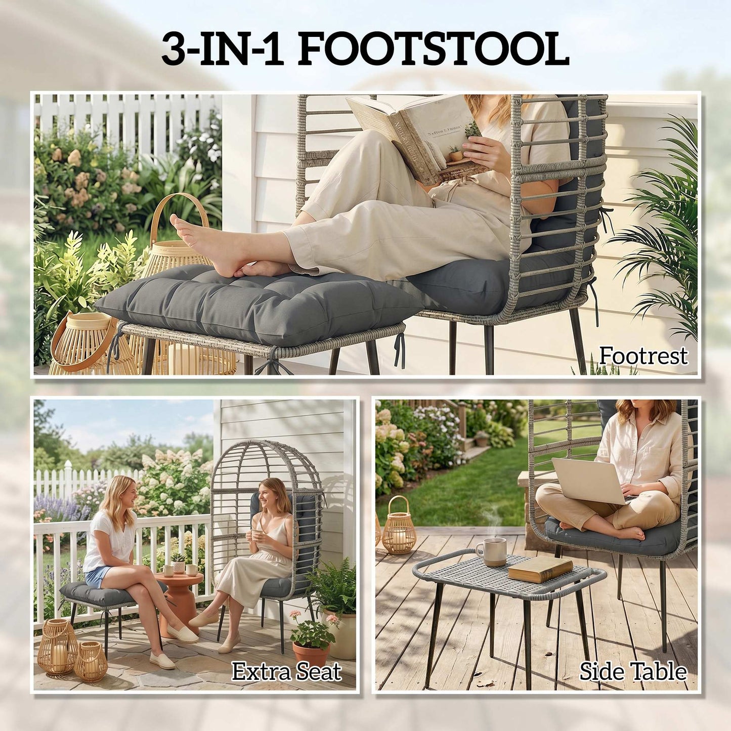 Outsunny Garden Egg Chair With Footstool Rattan Indoor Outdoor Lounge Chair And Ottoman Set Thick Cushions Light Grey
